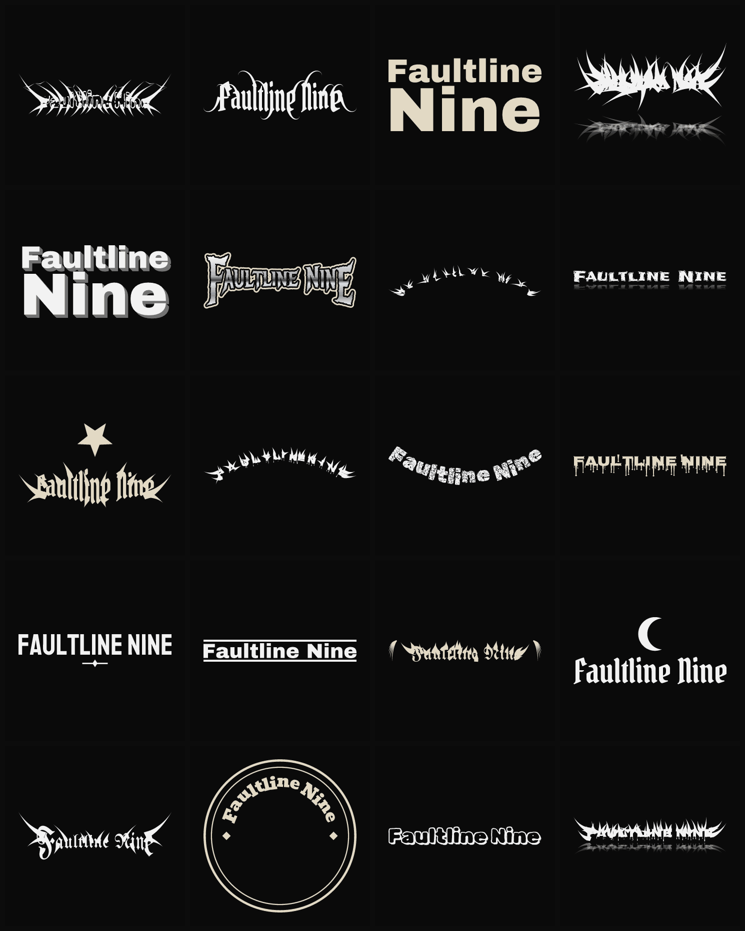 Twenty Faultline Nine band logo ideas — different faces, treatments and spike settings