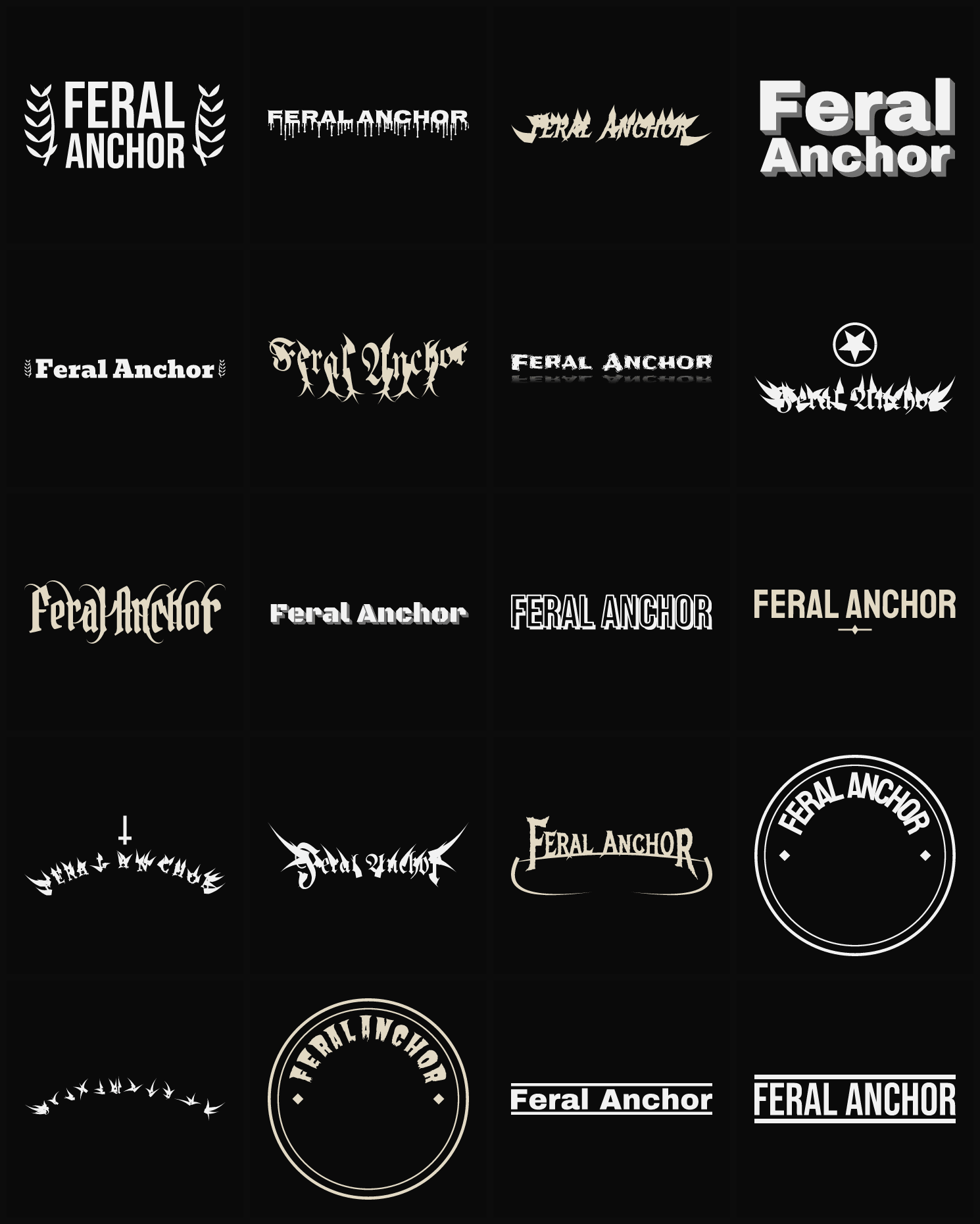 Twenty Feral Anchor band logo ideas — different faces, treatments and spike settings