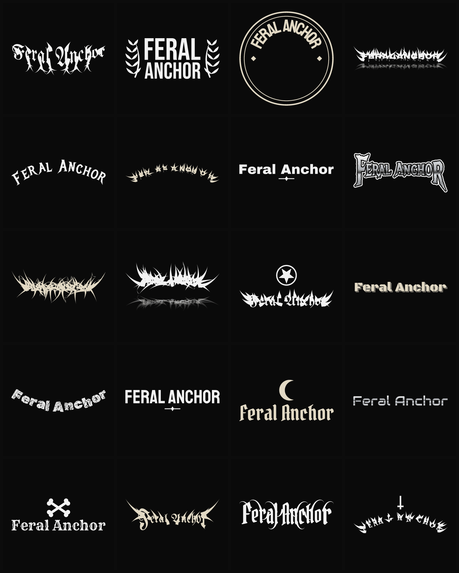 Twenty Feral Anchor band logo ideas — different faces, treatments and spike settings