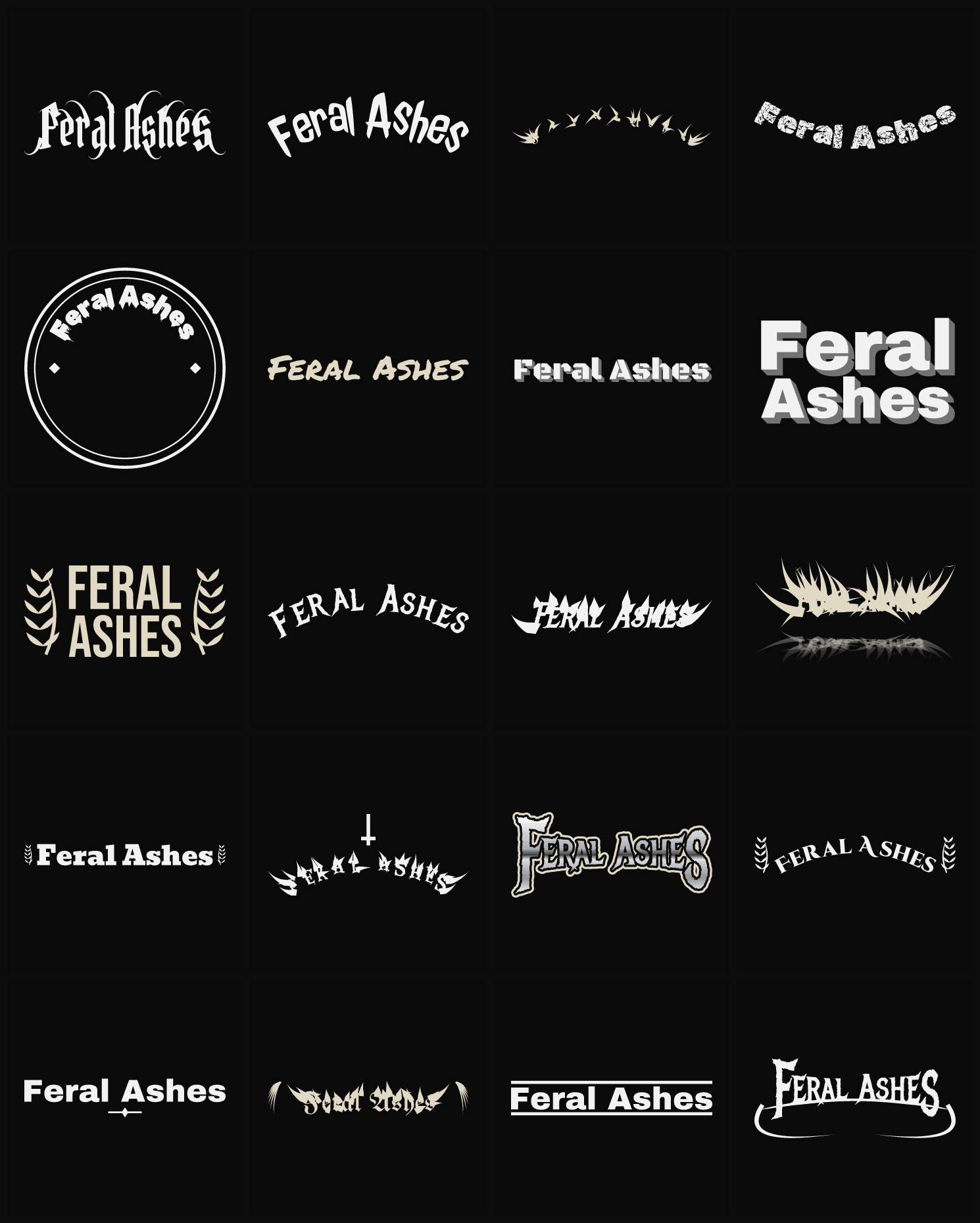 Twenty Feral Ashes band logo ideas — different faces, treatments and spike settings