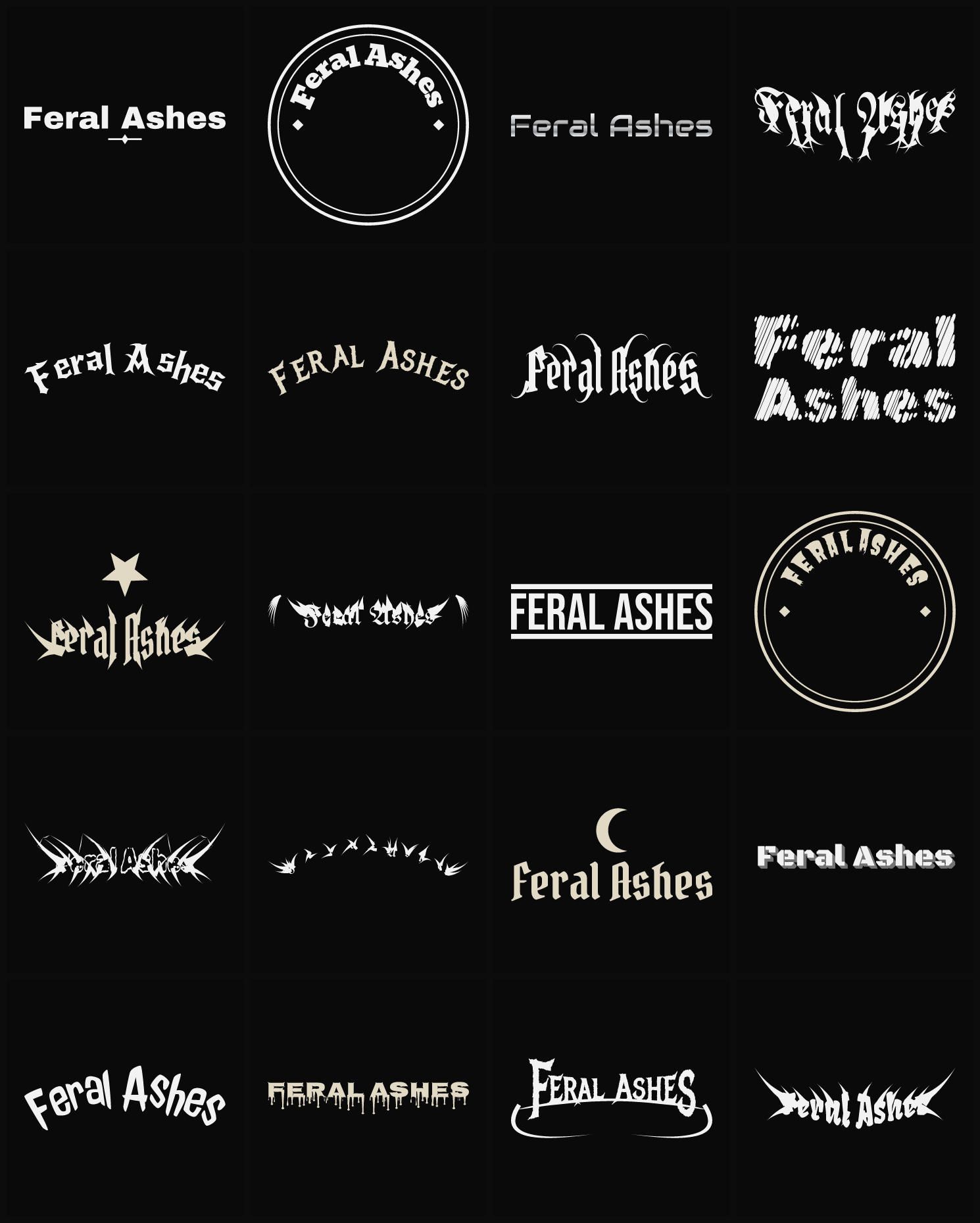 Twenty Feral Ashes band logo ideas — different faces, treatments and spike settings