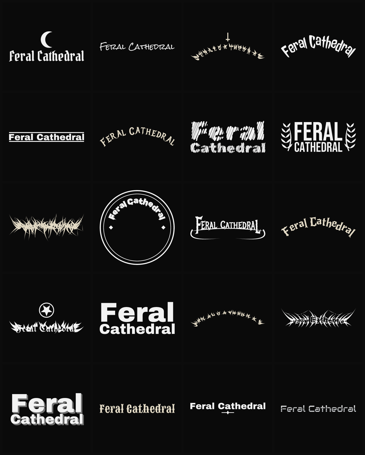 Twenty Feral Cathedral band logo ideas — different faces, treatments and spike settings