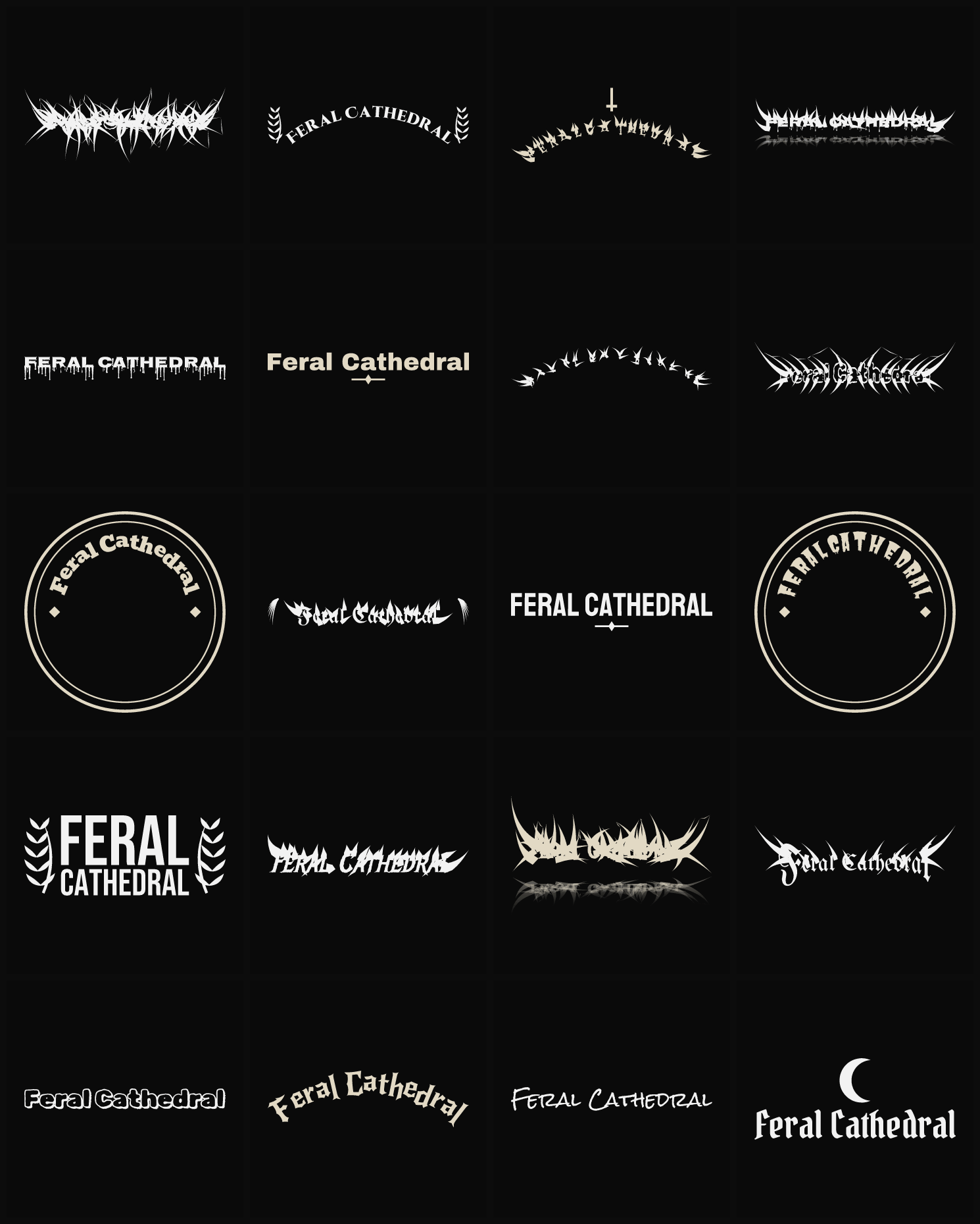 Twenty Feral Cathedral band logo ideas — different faces, treatments and spike settings