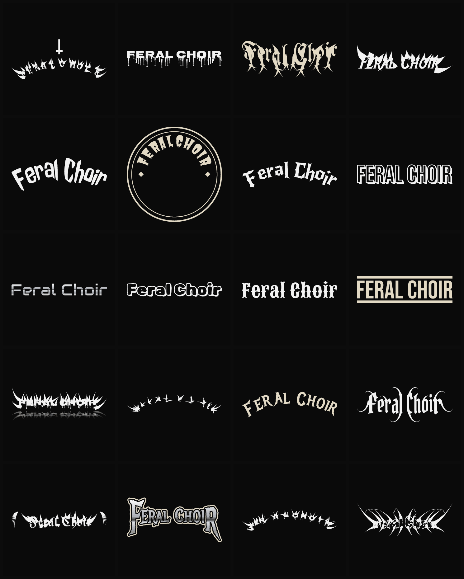 Twenty Feral Choir band logo ideas — different faces, treatments and spike settings