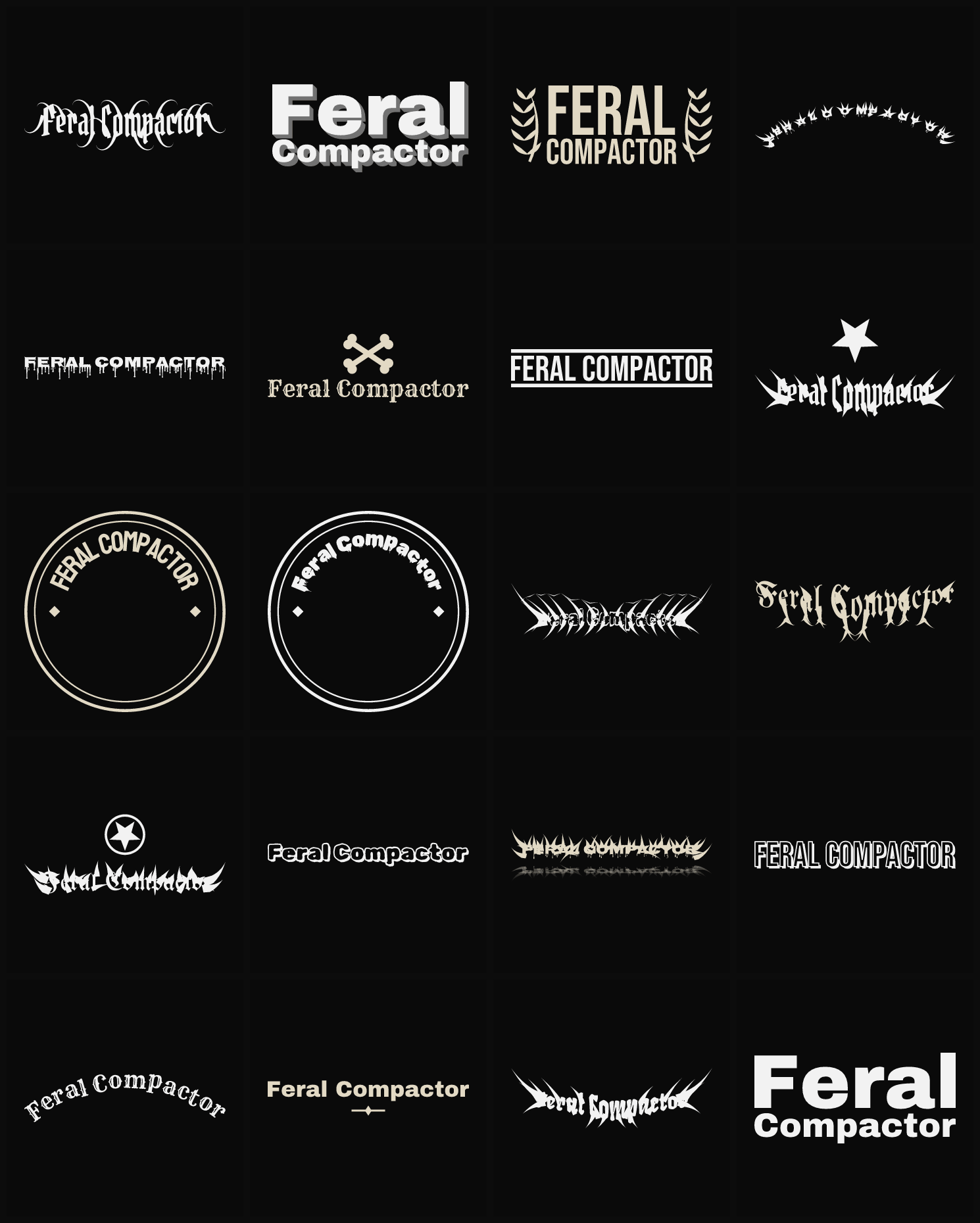 Twenty Feral Compactor band logo ideas — different faces, treatments and spike settings