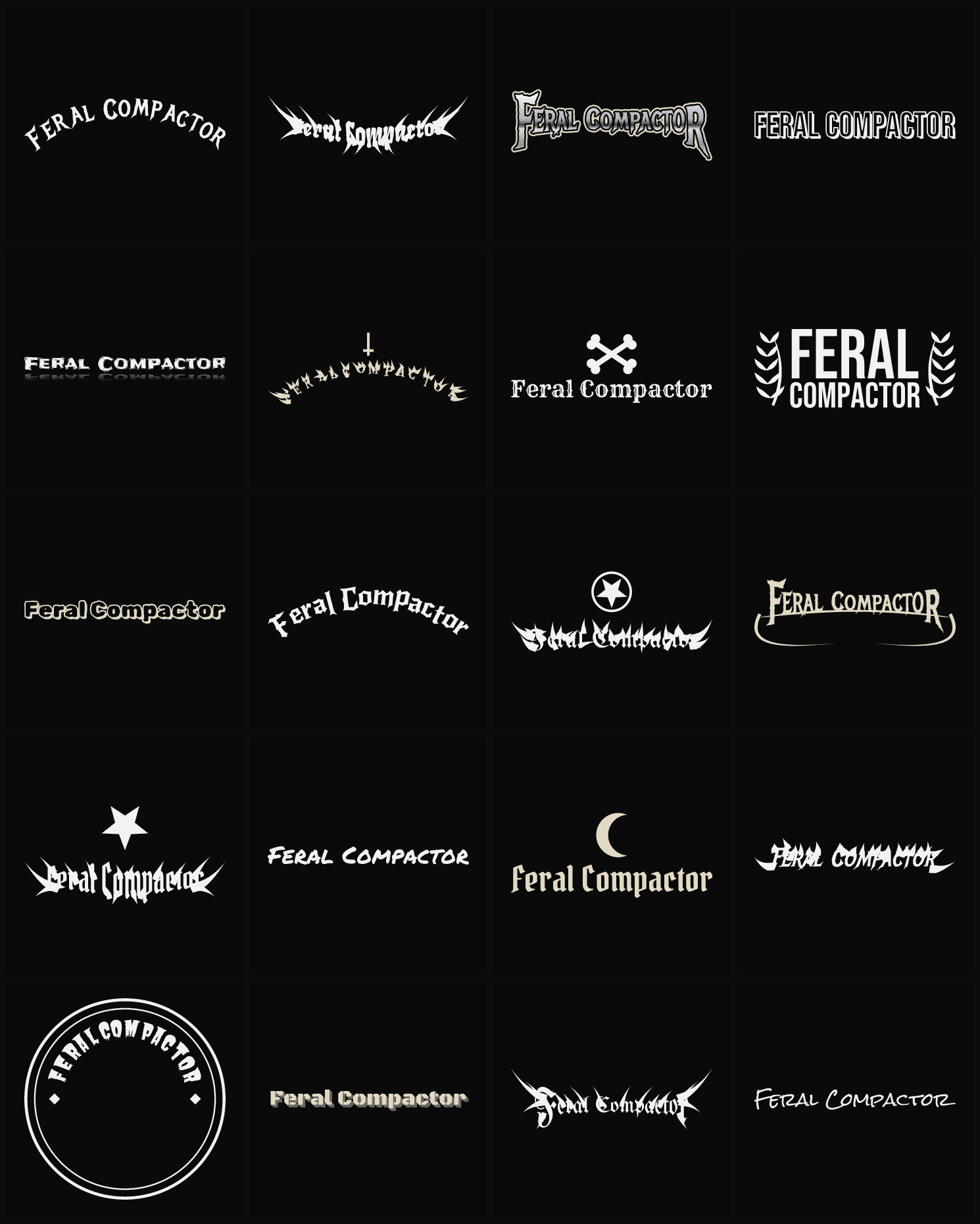 Twenty Feral Compactor band logo ideas — different faces, treatments and spike settings