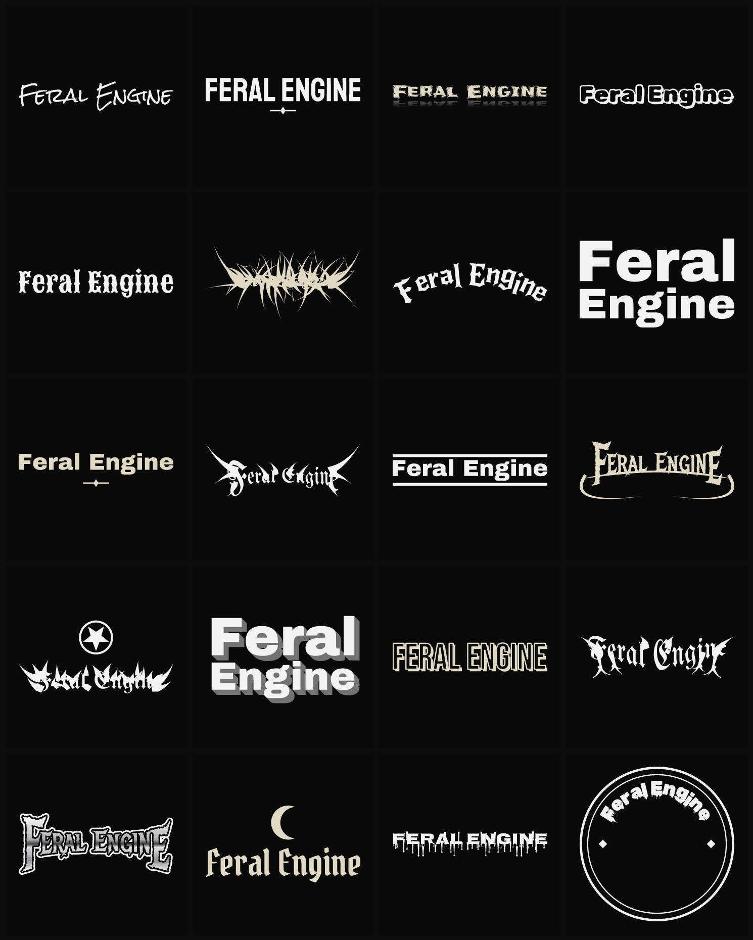 Twenty Feral Engine band logo ideas — different faces, treatments and spike settings