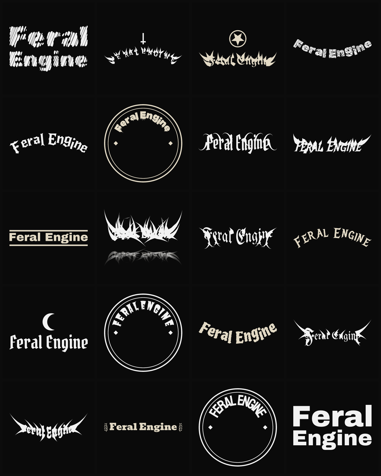 Twenty Feral Engine band logo ideas — different faces, treatments and spike settings