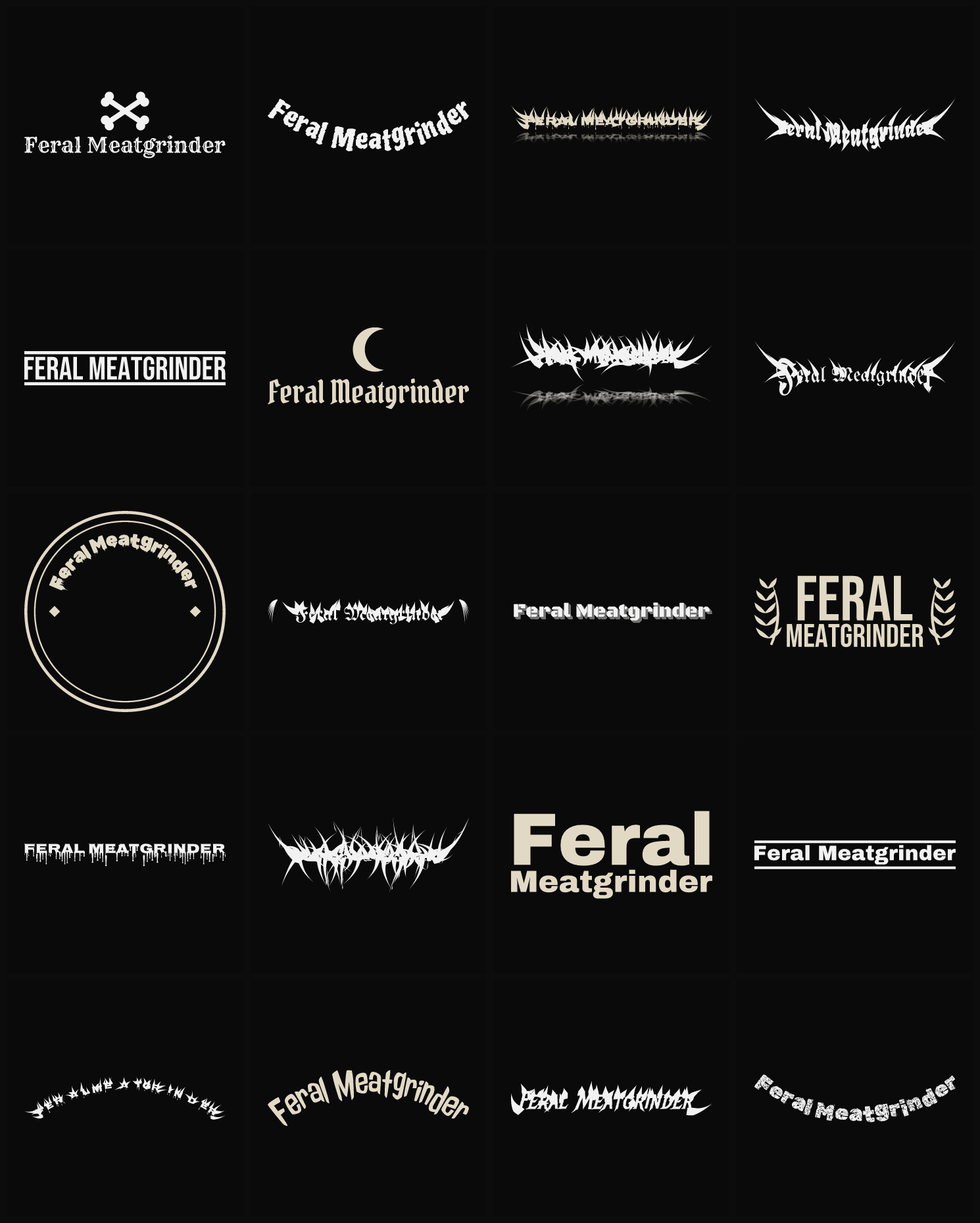 Twenty Feral Meatgrinder band logo ideas — different faces, treatments and spike settings
