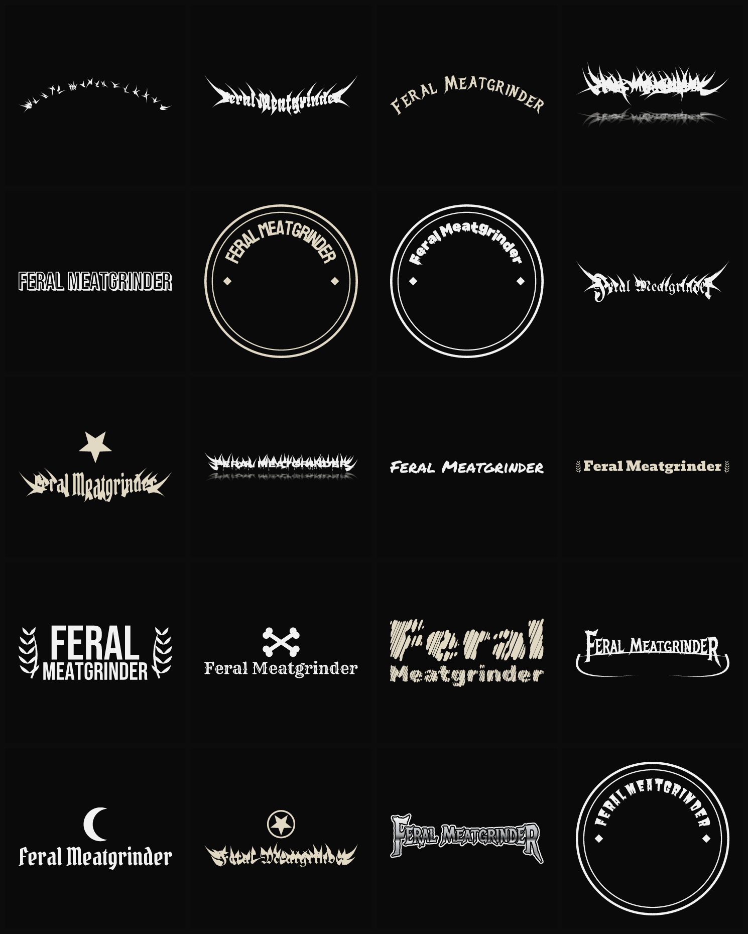 Twenty Feral Meatgrinder band logo ideas — different faces, treatments and spike settings