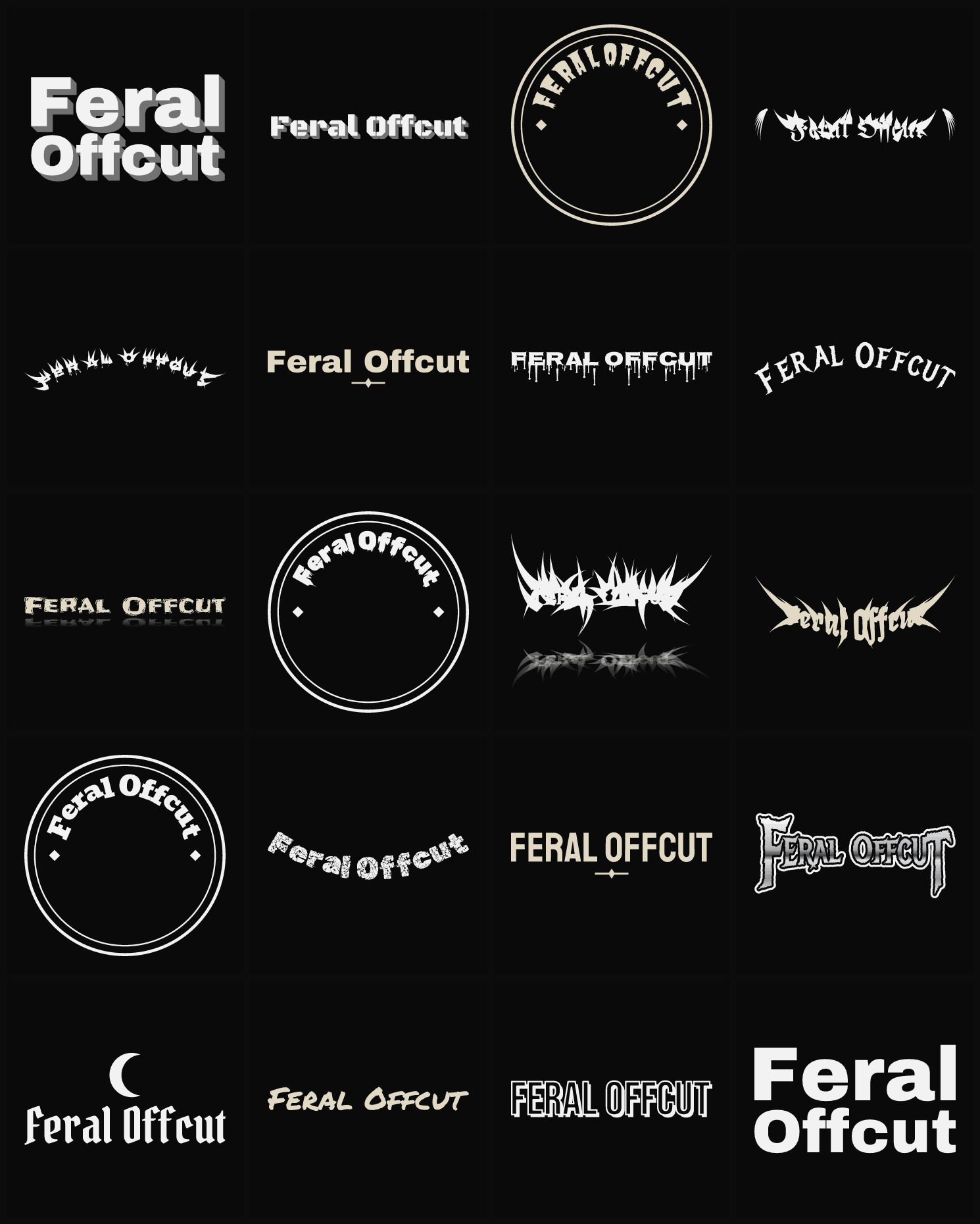 Twenty Feral Offcut band logo ideas — different faces, treatments and spike settings