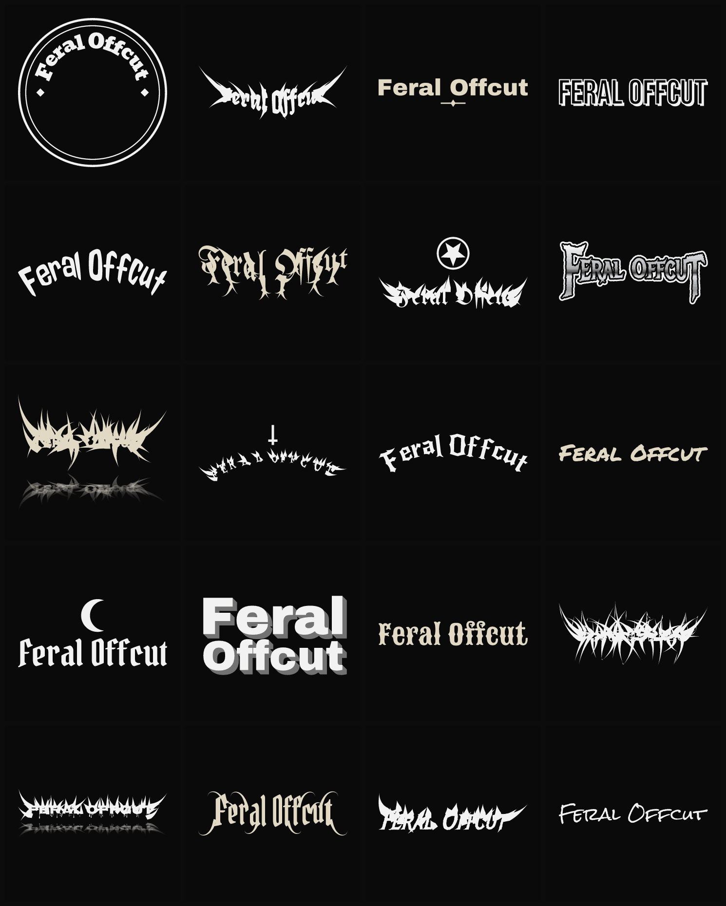 Twenty Feral Offcut band logo ideas — different faces, treatments and spike settings