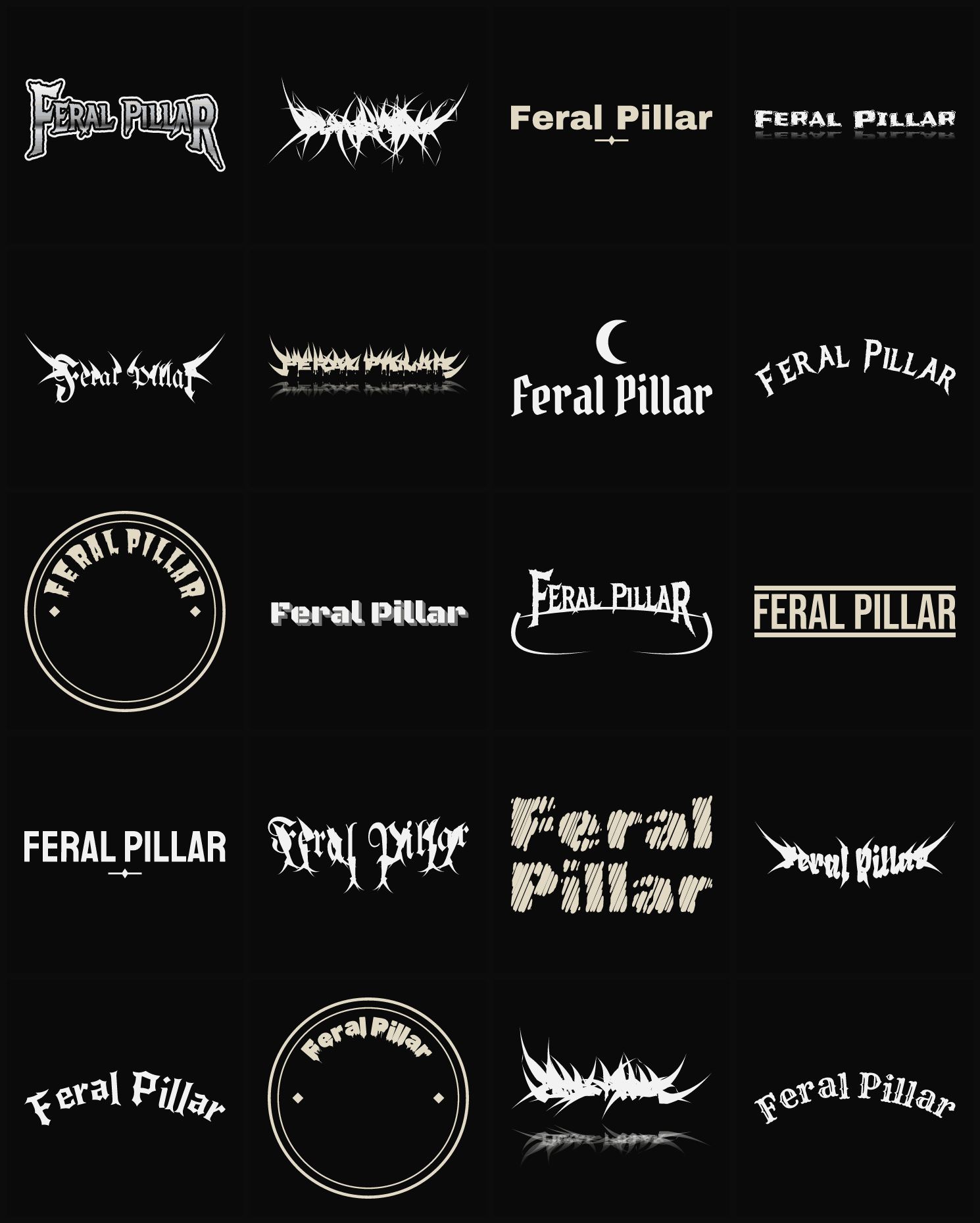 Twenty Feral Pillar band logo ideas — different faces, treatments and spike settings