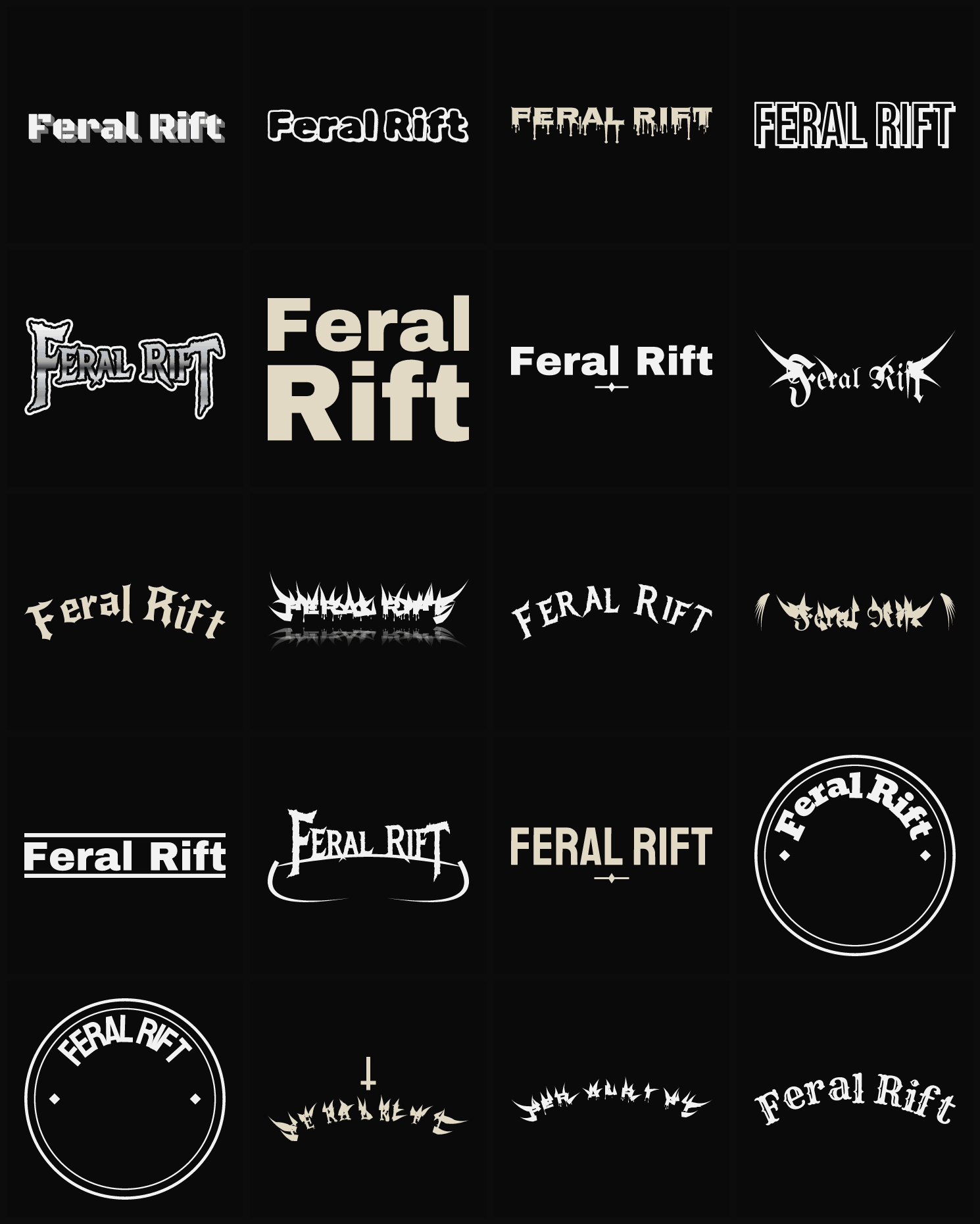 Twenty Feral Rift band logo ideas — different faces, treatments and spike settings