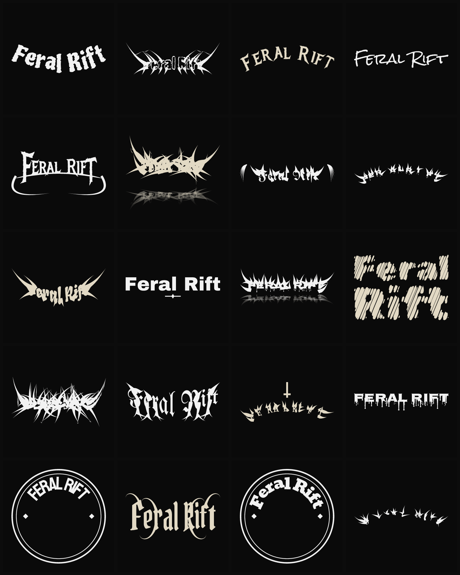 Twenty Feral Rift band logo ideas — different faces, treatments and spike settings