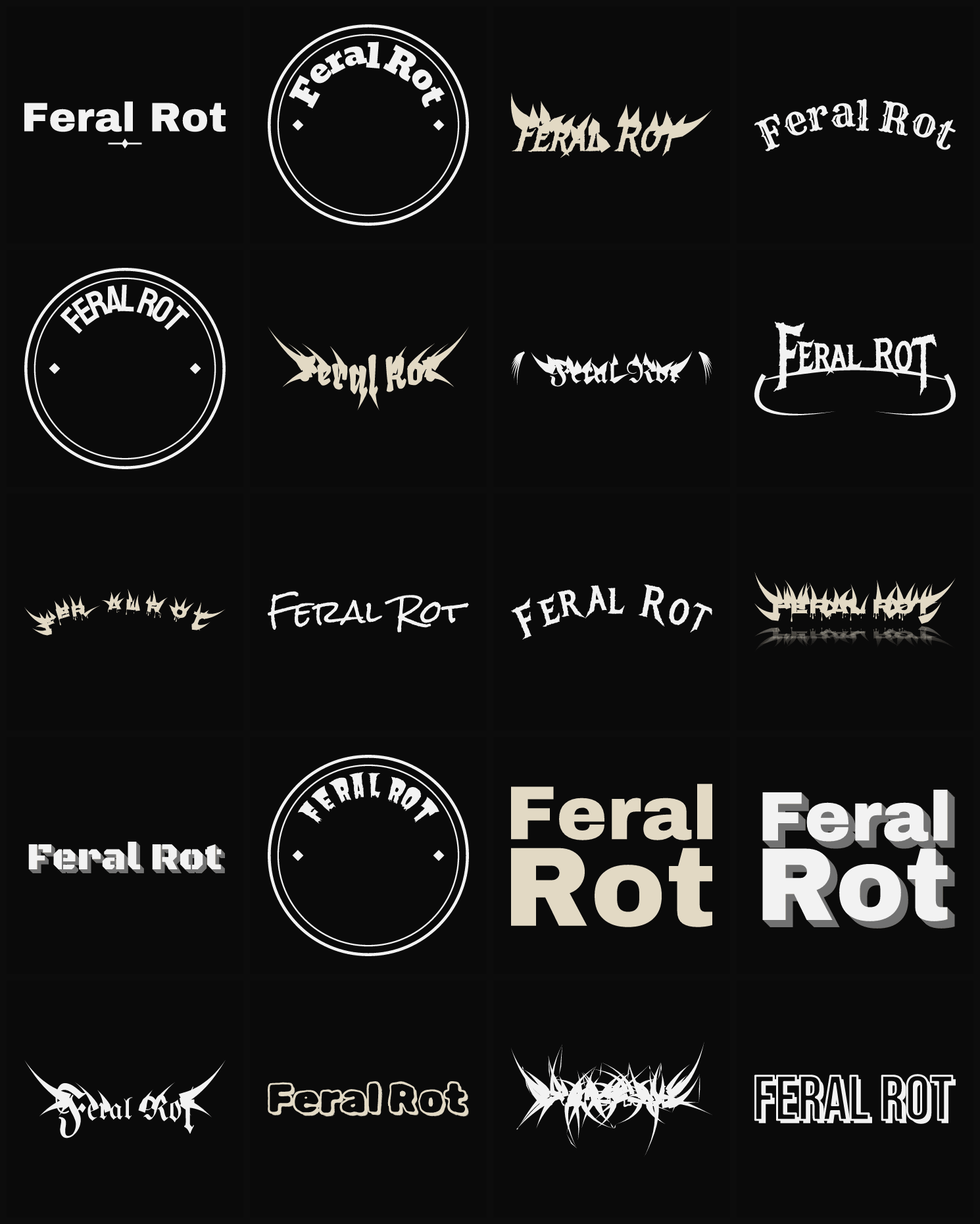Twenty Feral Rot band logo ideas — different faces, treatments and spike settings