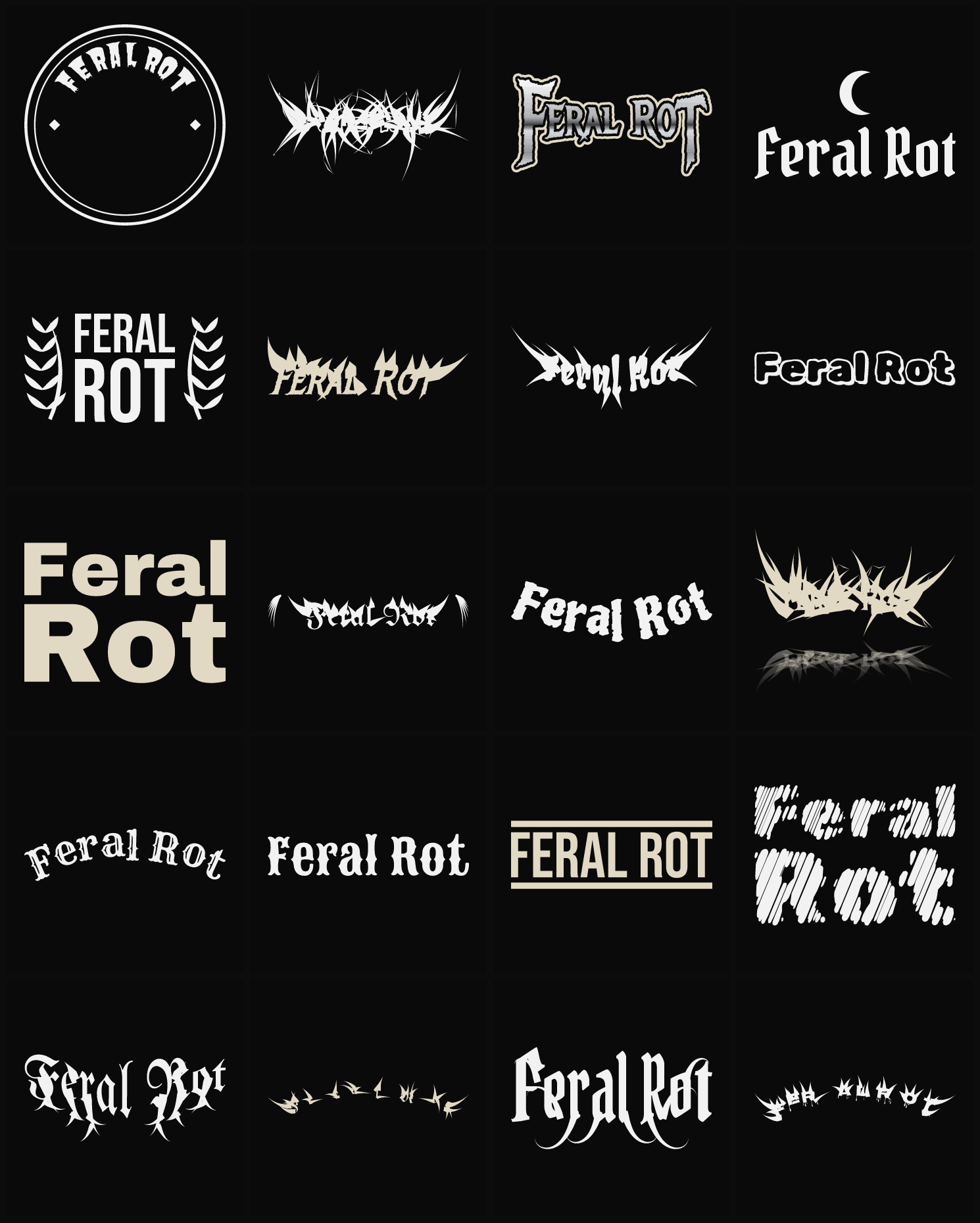 Twenty Feral Rot band logo ideas — different faces, treatments and spike settings