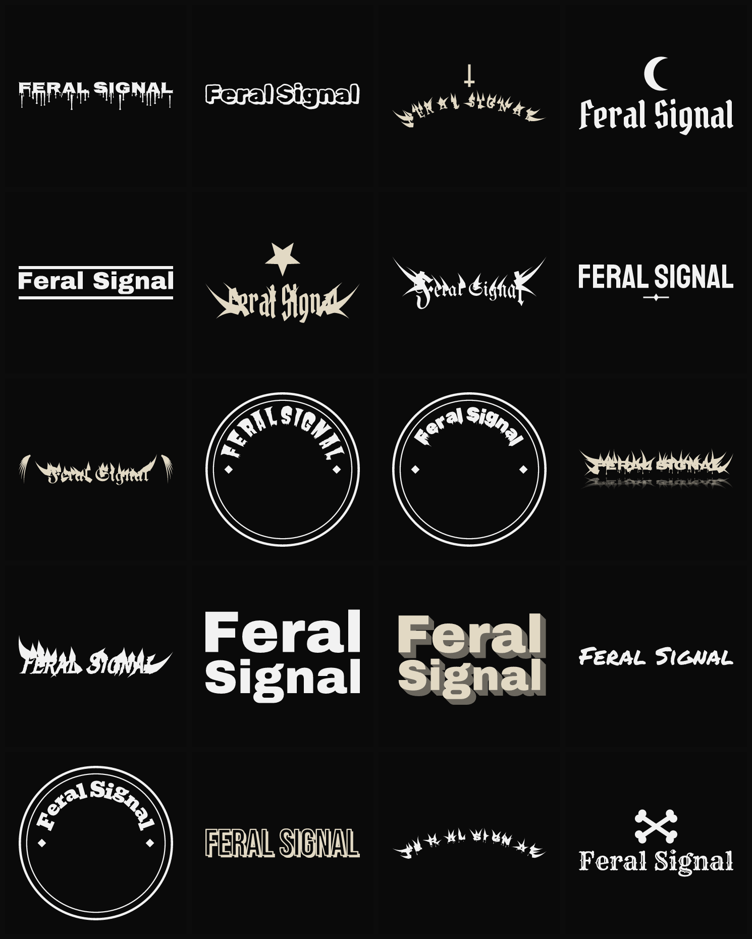 Twenty Feral Signal band logo ideas — different faces, treatments and spike settings
