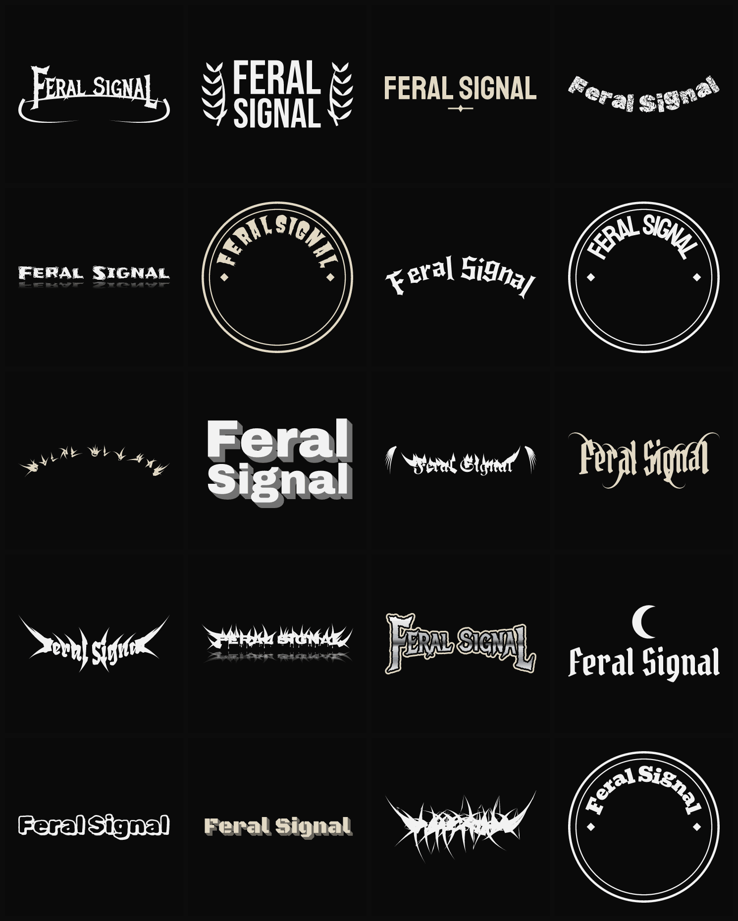 Twenty Feral Signal band logo ideas — different faces, treatments and spike settings