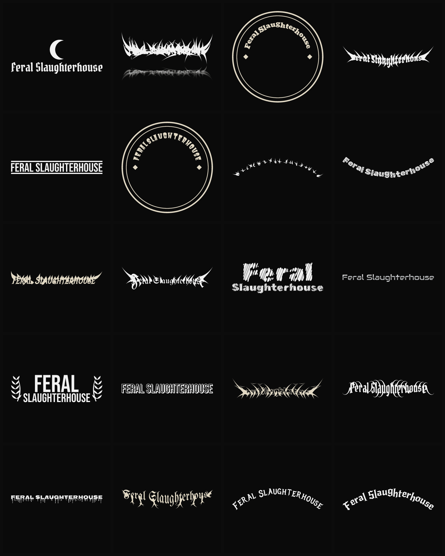 Twenty Feral Slaughterhouse band logo ideas — different faces, treatments and spike settings