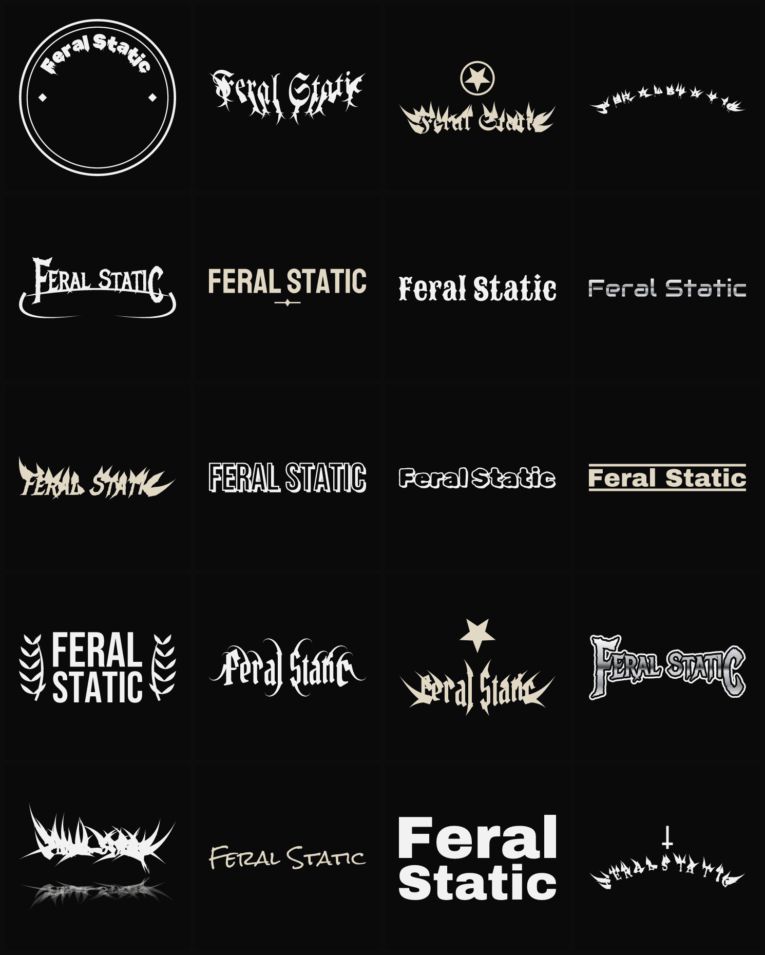 Twenty Feral Static band logo ideas — different faces, treatments and spike settings