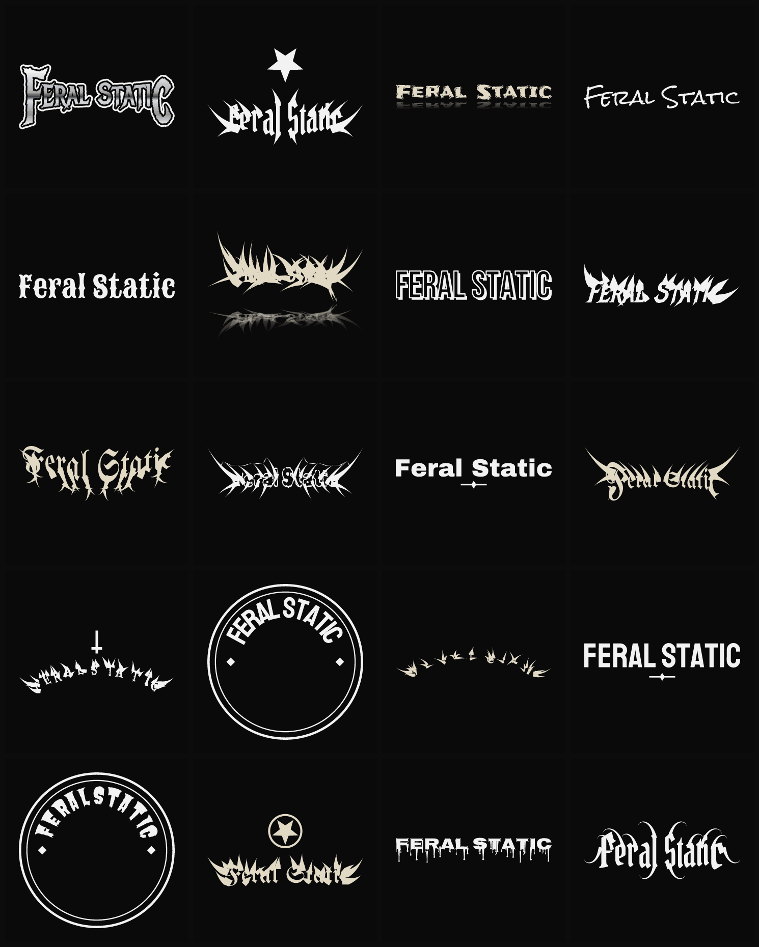 Twenty Feral Static band logo ideas — different faces, treatments and spike settings