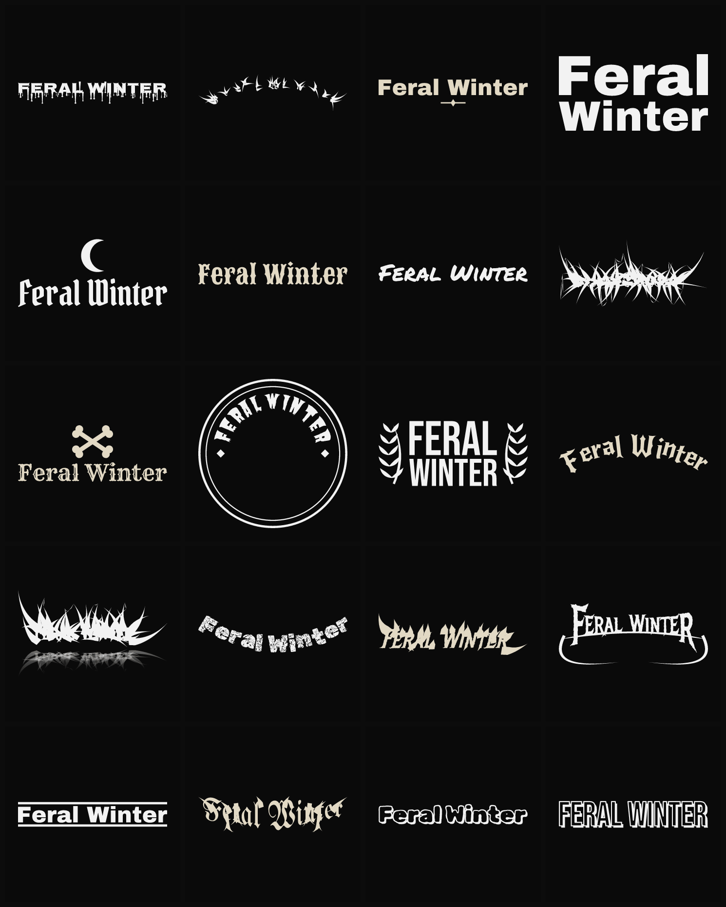 Twenty Feral Winter band logo ideas — different faces, treatments and spike settings
