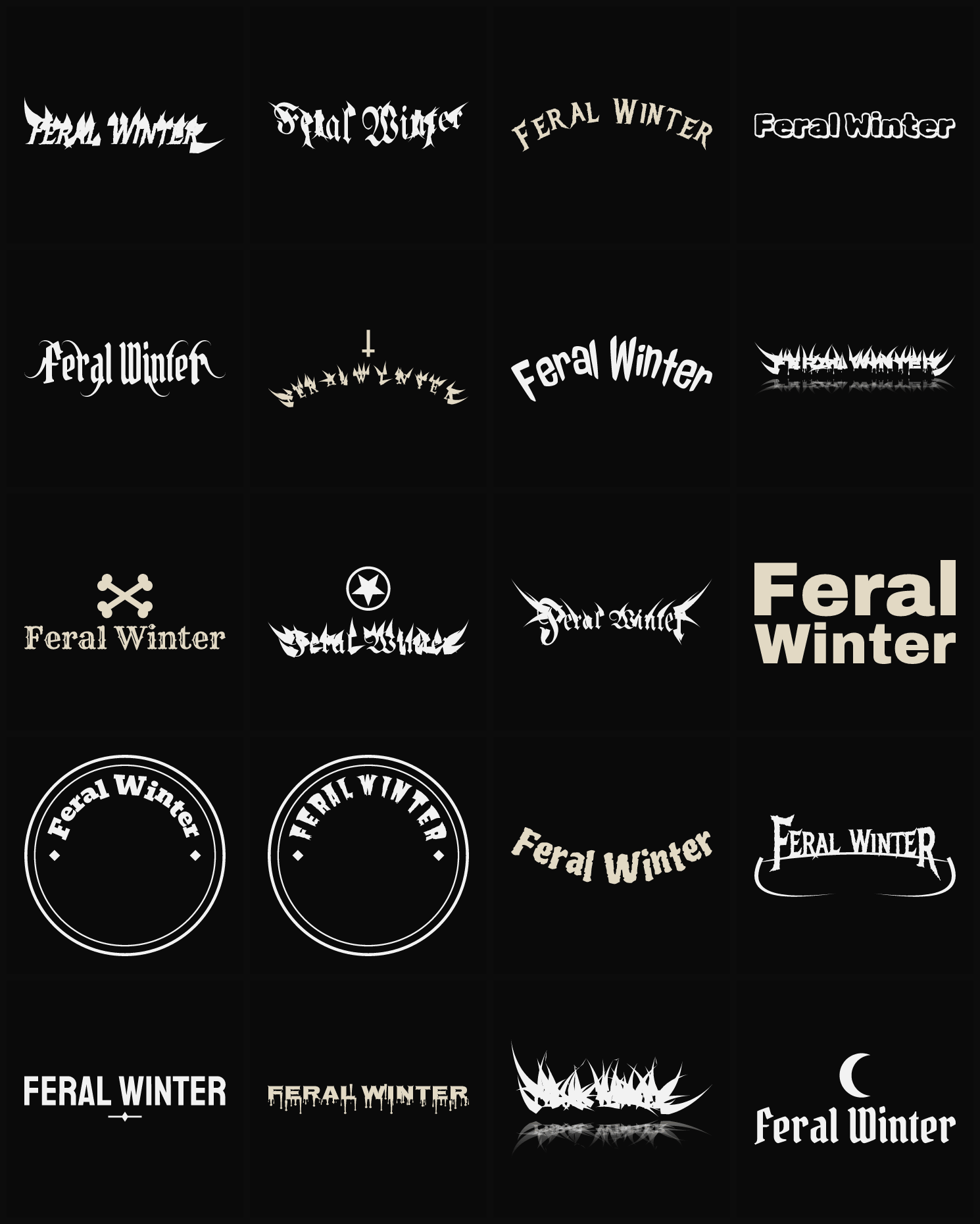 Twenty Feral Winter band logo ideas — different faces, treatments and spike settings
