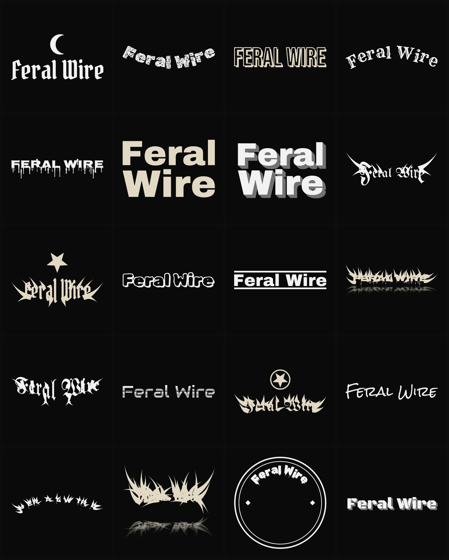Twenty Feral Wire band logo ideas — different faces, treatments and spike settings