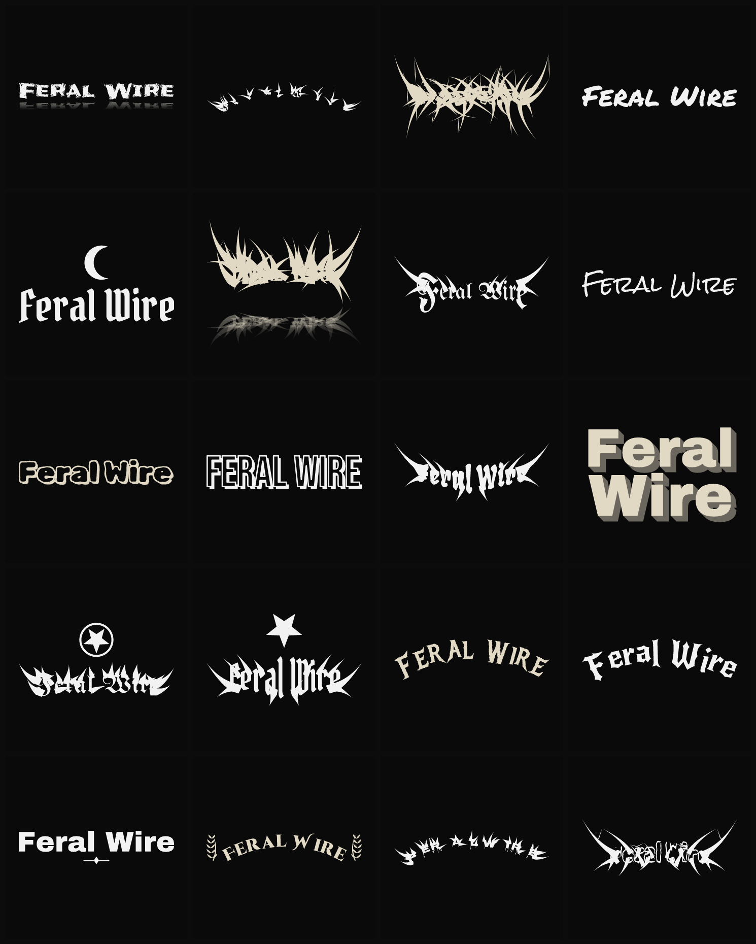 Twenty Feral Wire band logo ideas — different faces, treatments and spike settings