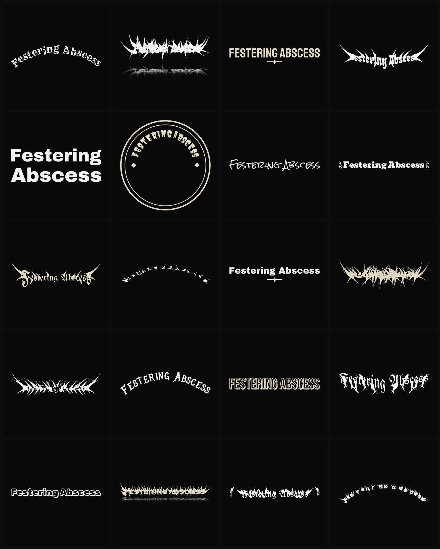 Twenty Festering Abscess band logo ideas — different faces, treatments and spike settings