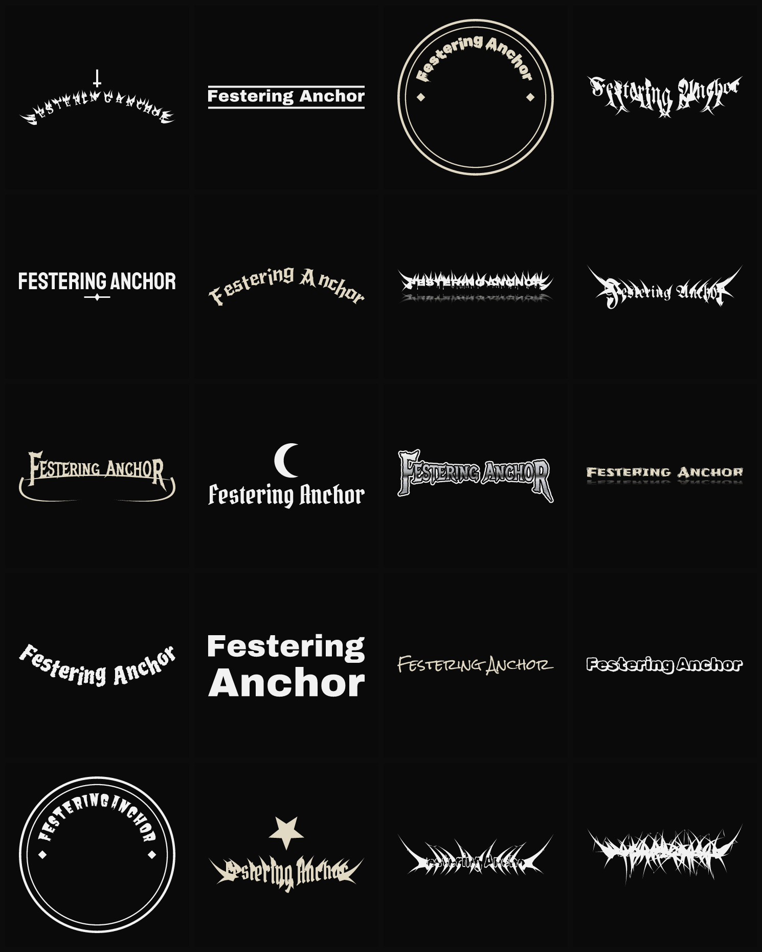 Twenty Festering Anchor band logo ideas — different faces, treatments and spike settings