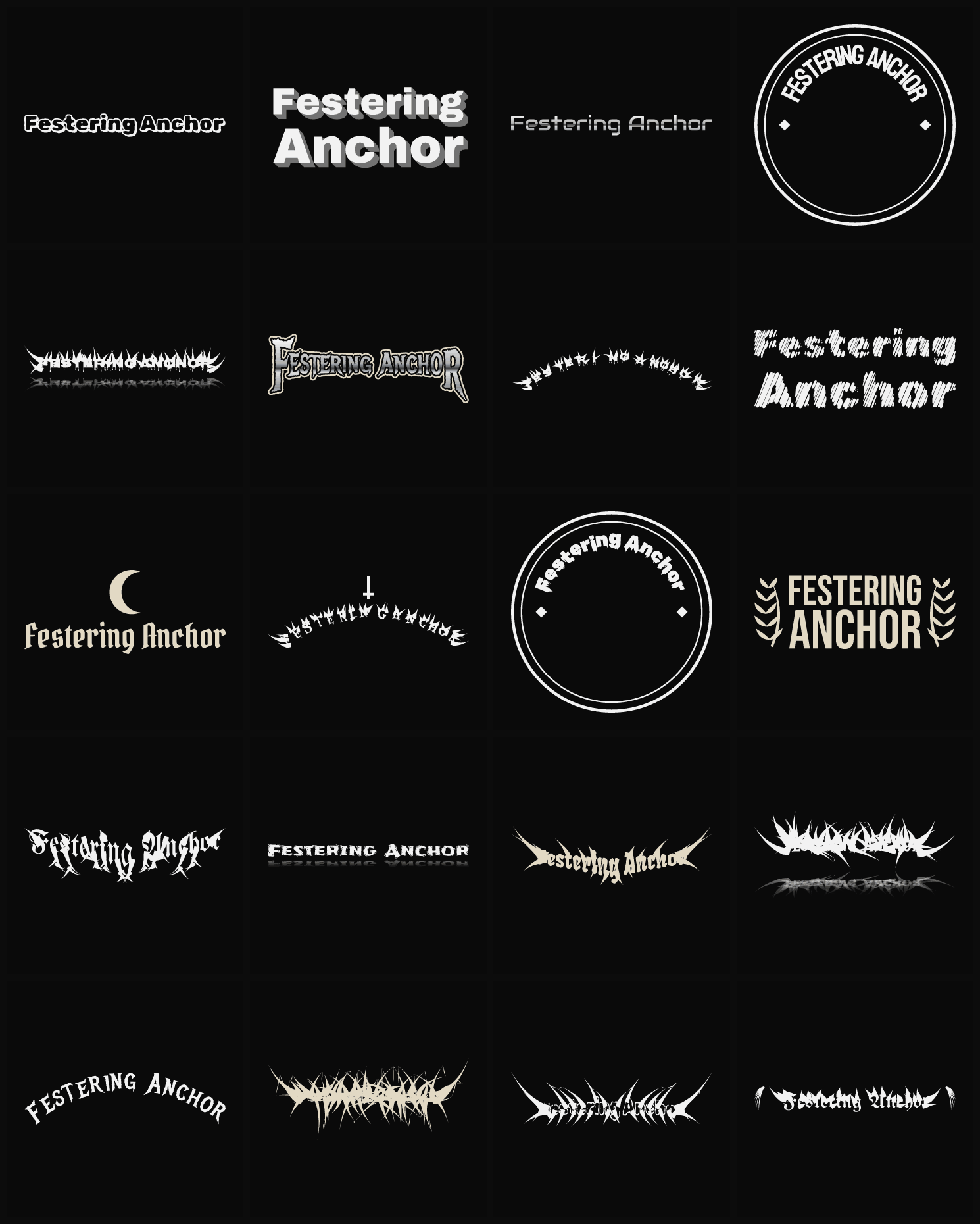 Twenty Festering Anchor band logo ideas — different faces, treatments and spike settings