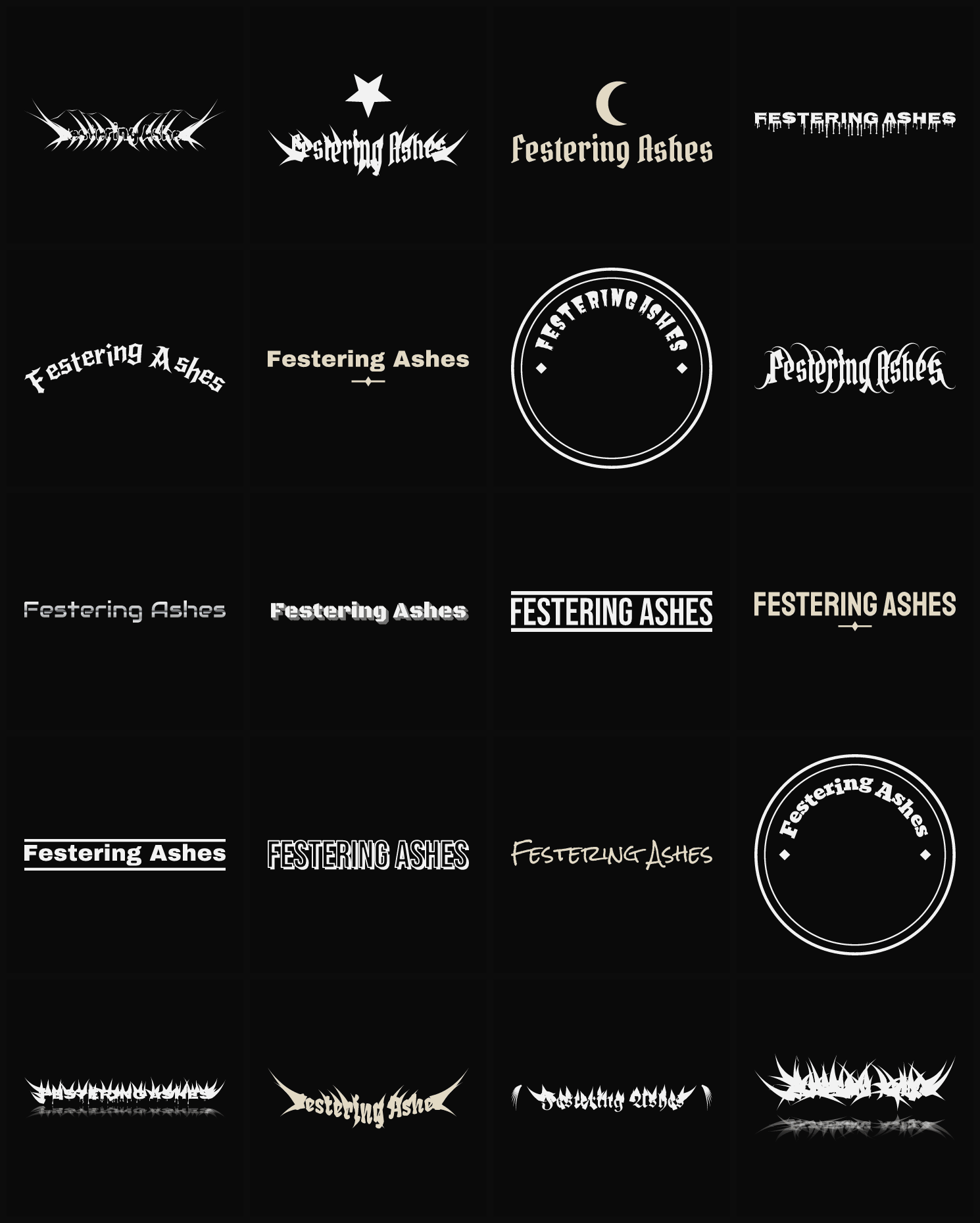 Twenty Festering Ashes band logo ideas — different faces, treatments and spike settings