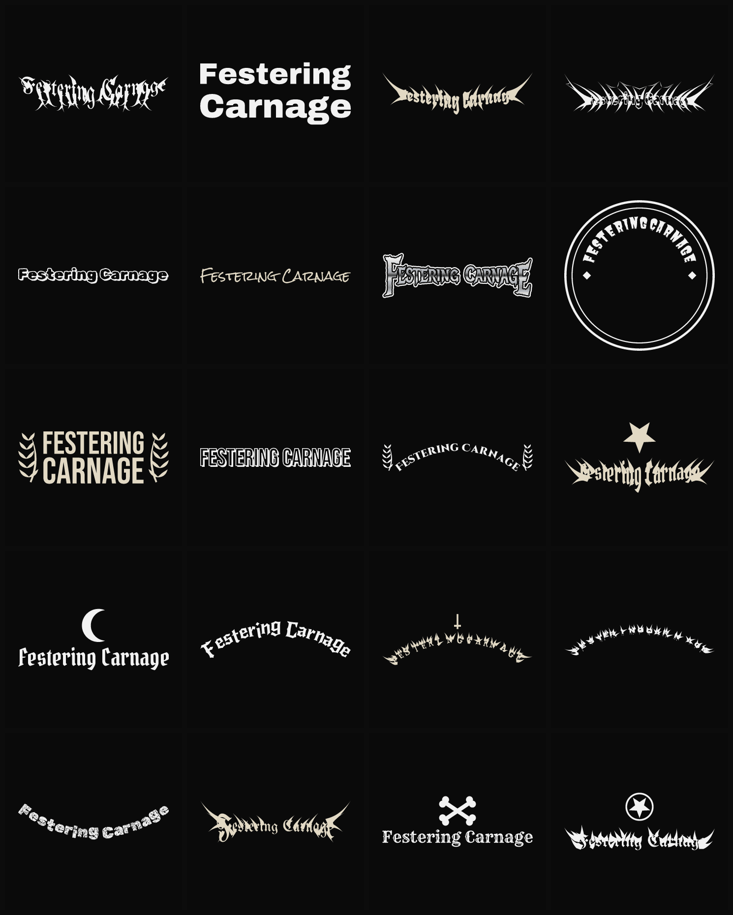 Twenty Festering Carnage band logo ideas — different faces, treatments and spike settings