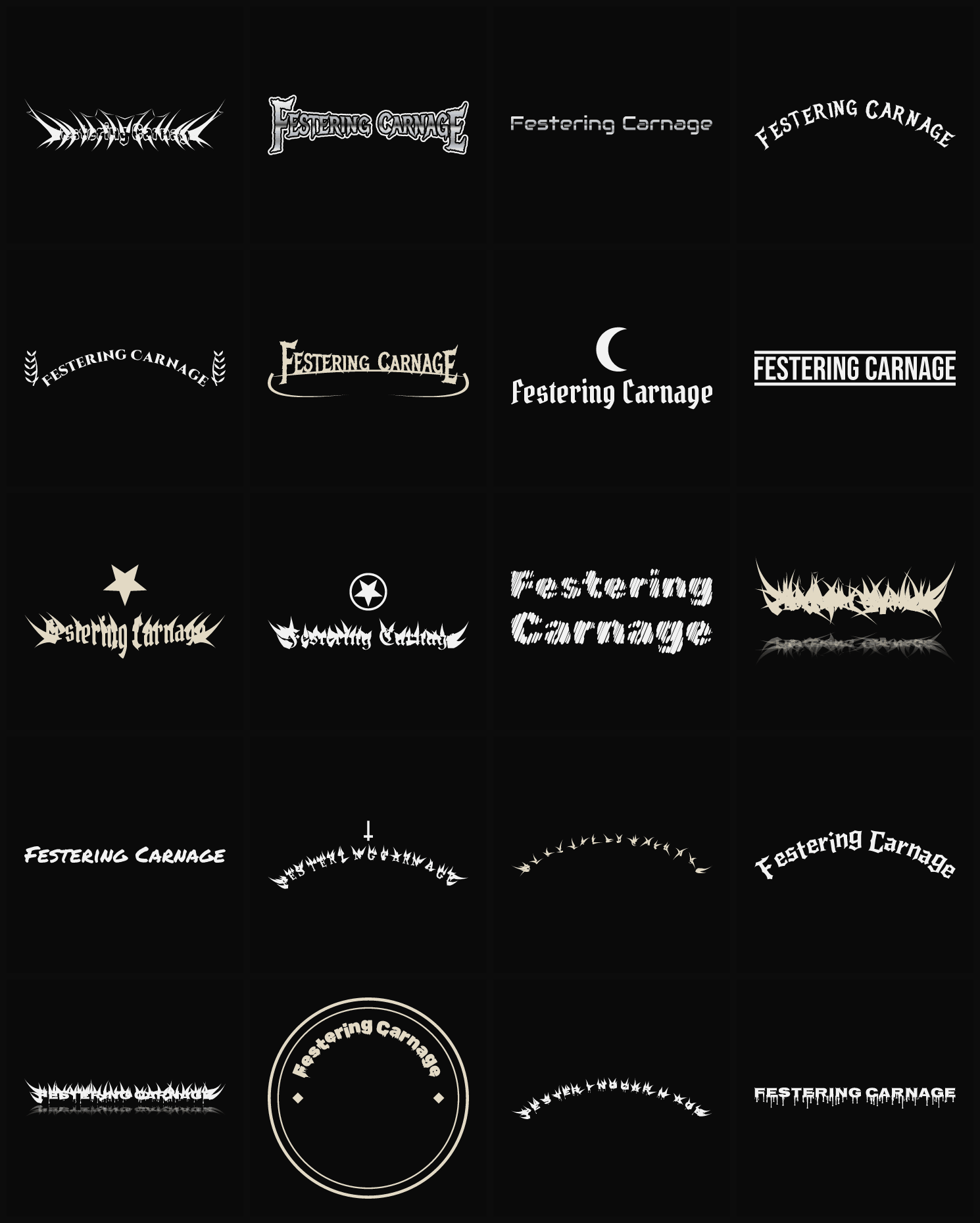 Twenty Festering Carnage band logo ideas — different faces, treatments and spike settings