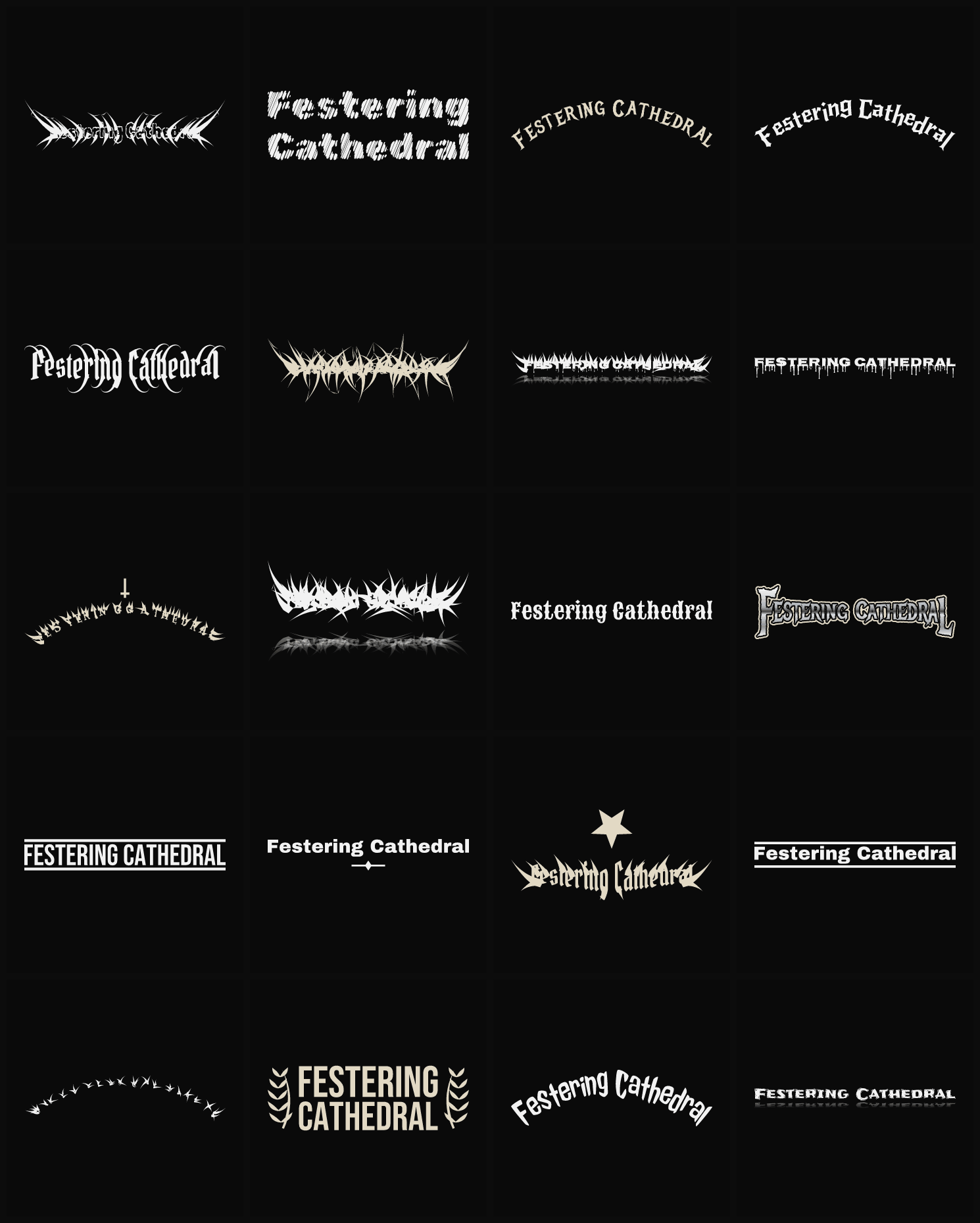 Twenty Festering Cathedral band logo ideas — different faces, treatments and spike settings