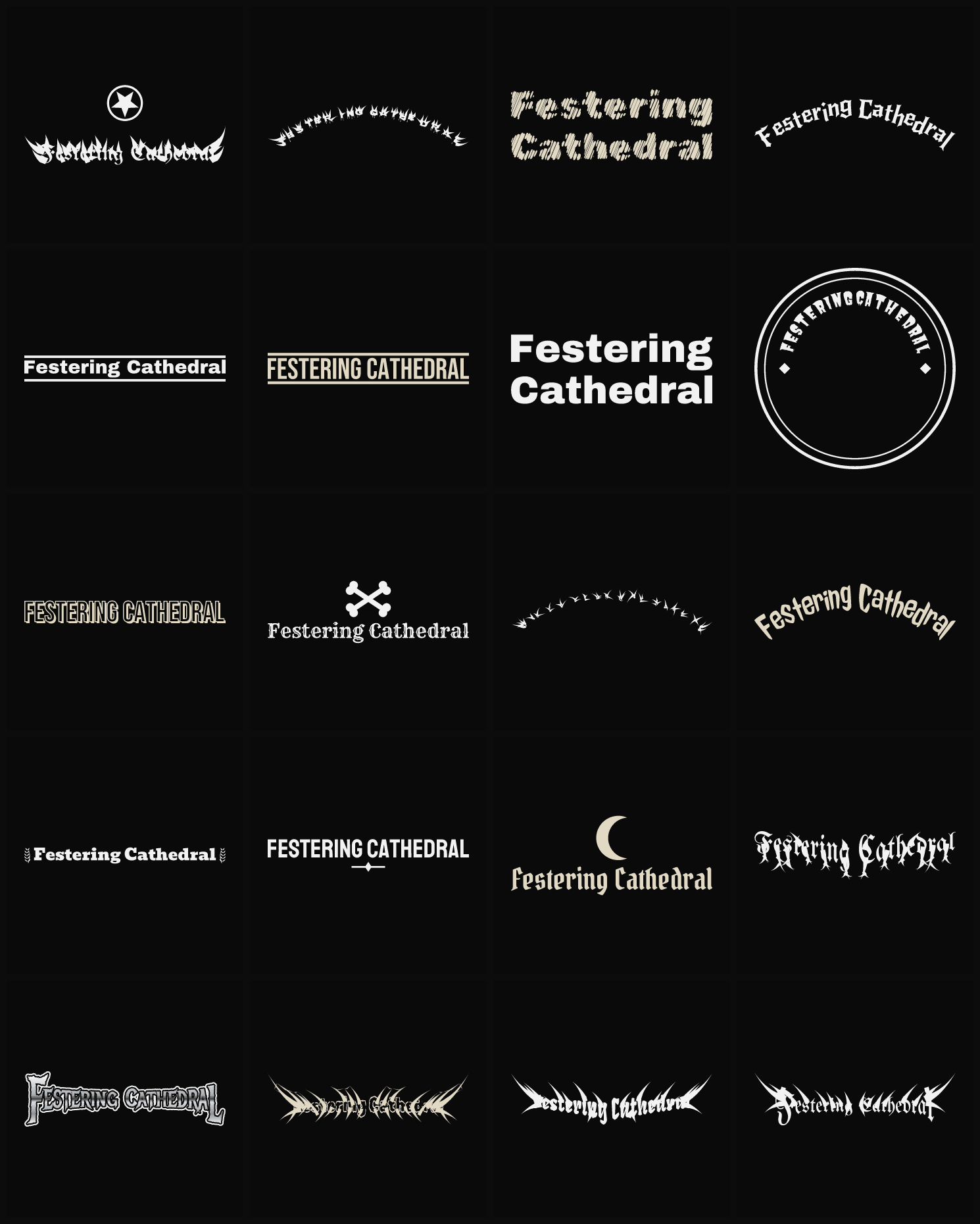Twenty Festering Cathedral band logo ideas — different faces, treatments and spike settings