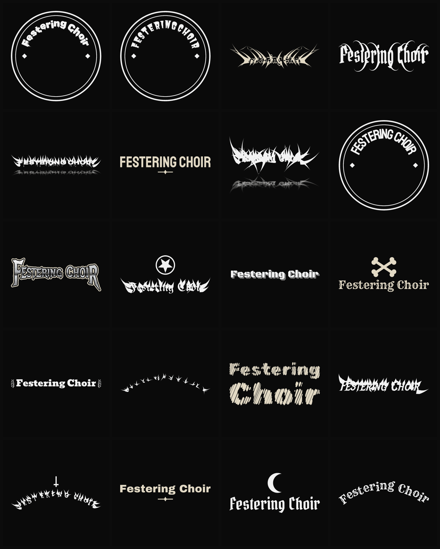 Twenty Festering Choir band logo ideas — different faces, treatments and spike settings