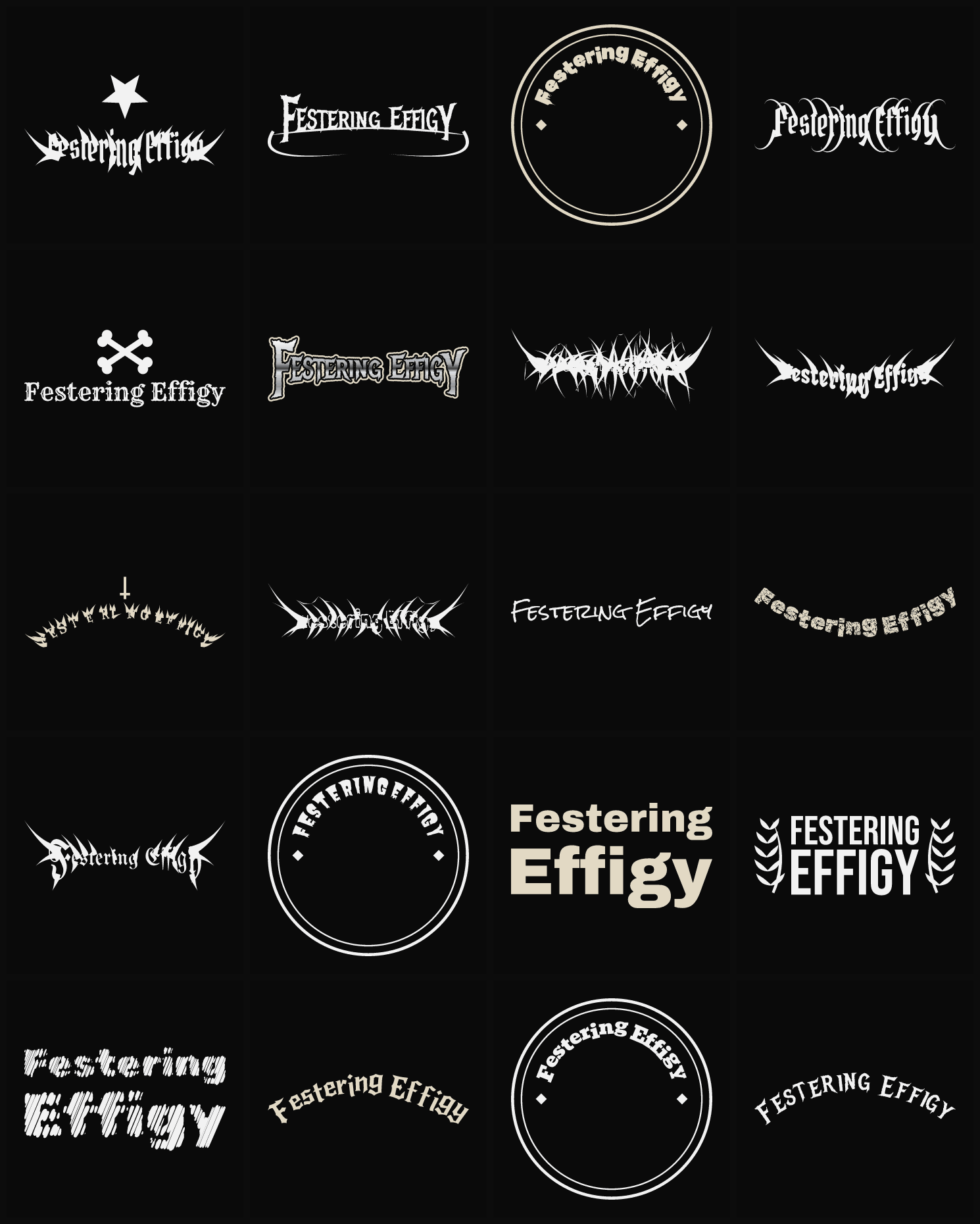 Twenty Festering Effigy band logo ideas — different faces, treatments and spike settings