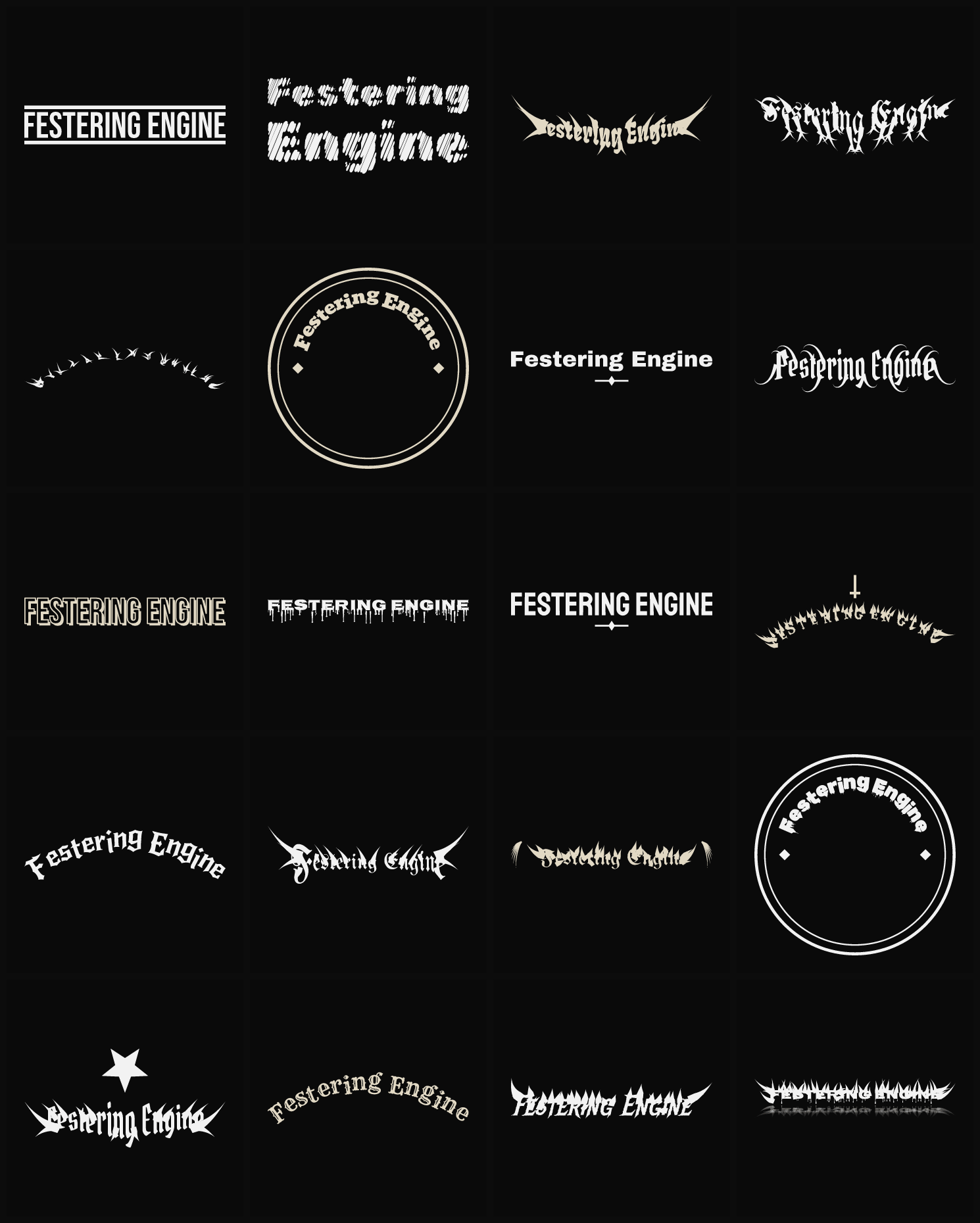 Twenty Festering Engine band logo ideas — different faces, treatments and spike settings