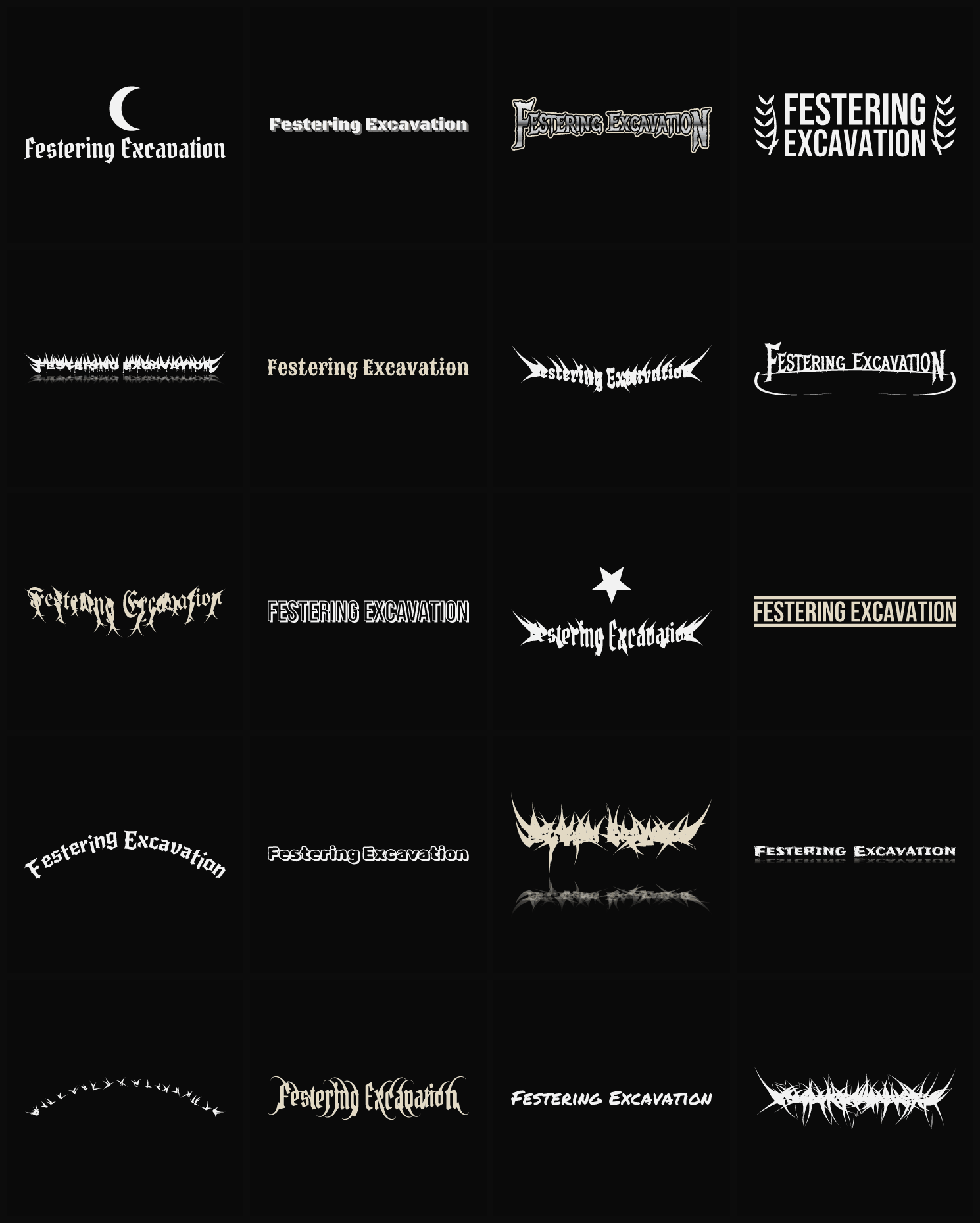 Twenty Festering Excavation band logo ideas — different faces, treatments and spike settings