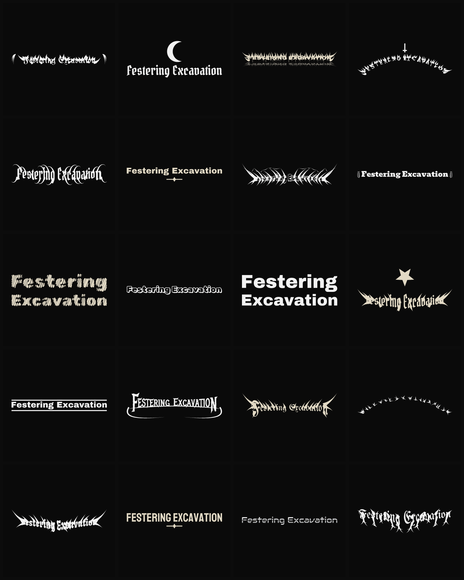 Twenty Festering Excavation band logo ideas — different faces, treatments and spike settings