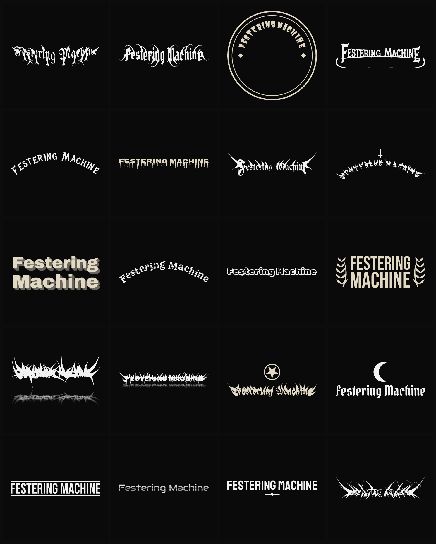Twenty Festering Machine band logo ideas — different faces, treatments and spike settings