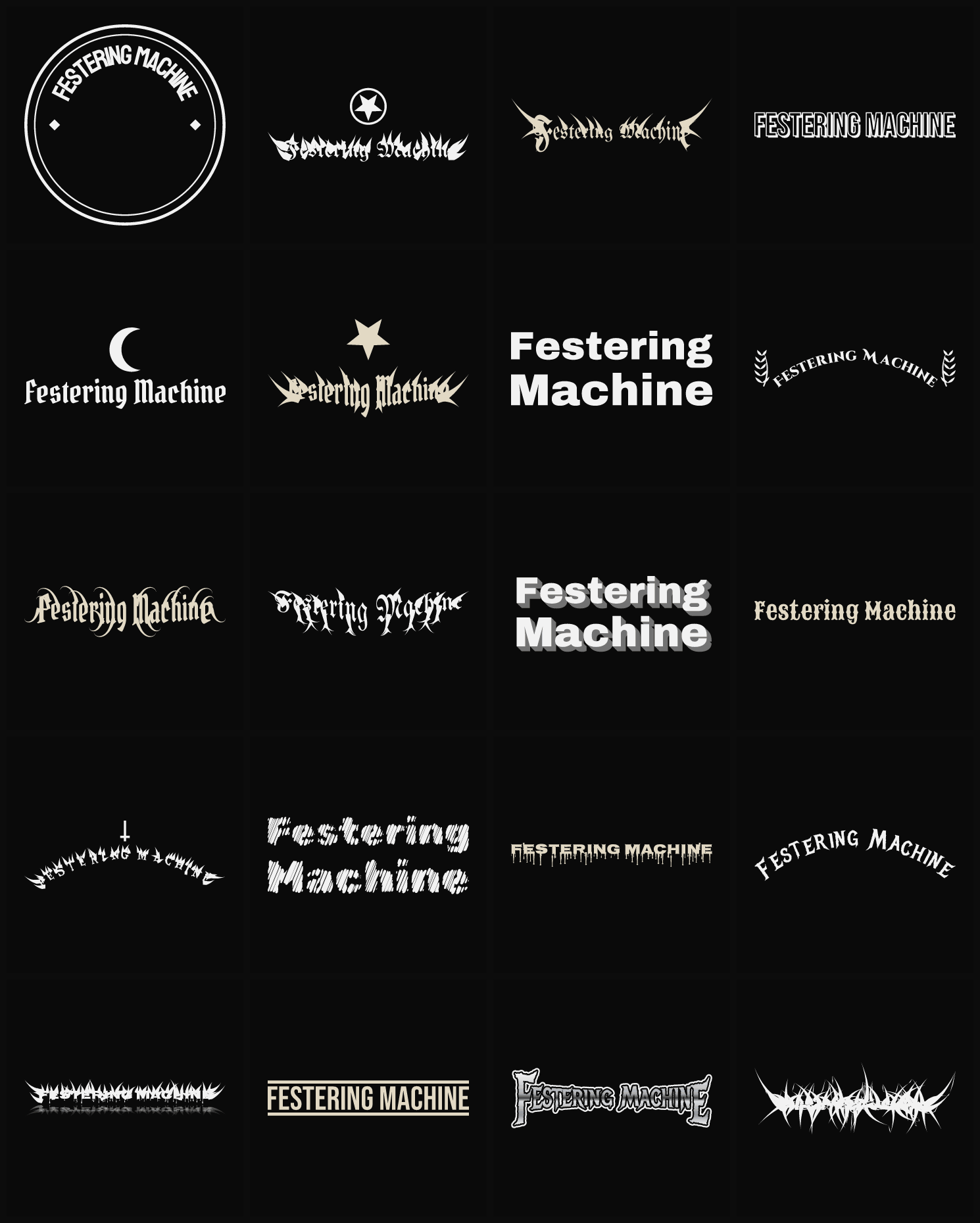 Twenty Festering Machine band logo ideas — different faces, treatments and spike settings