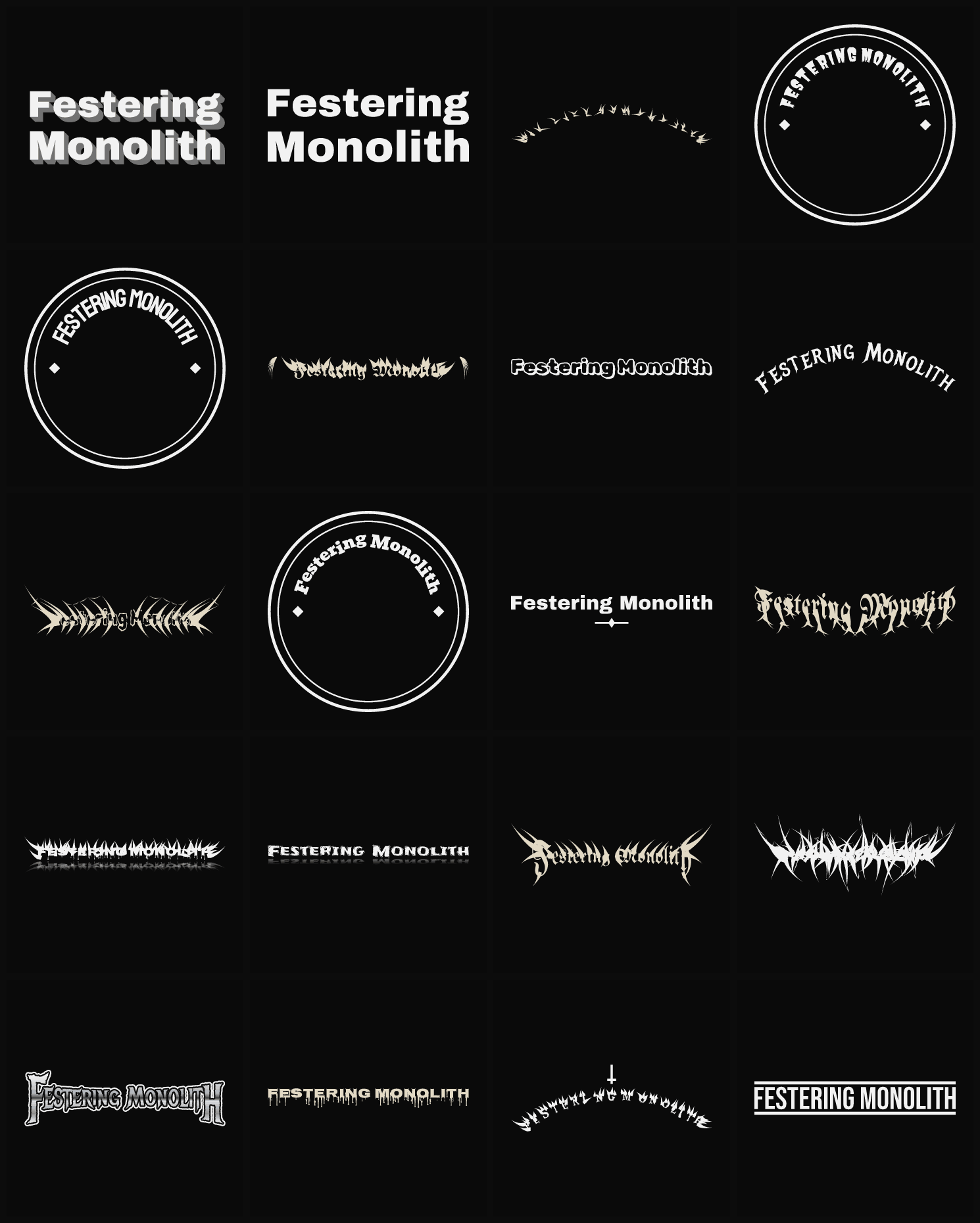 Twenty Festering Monolith band logo ideas — different faces, treatments and spike settings