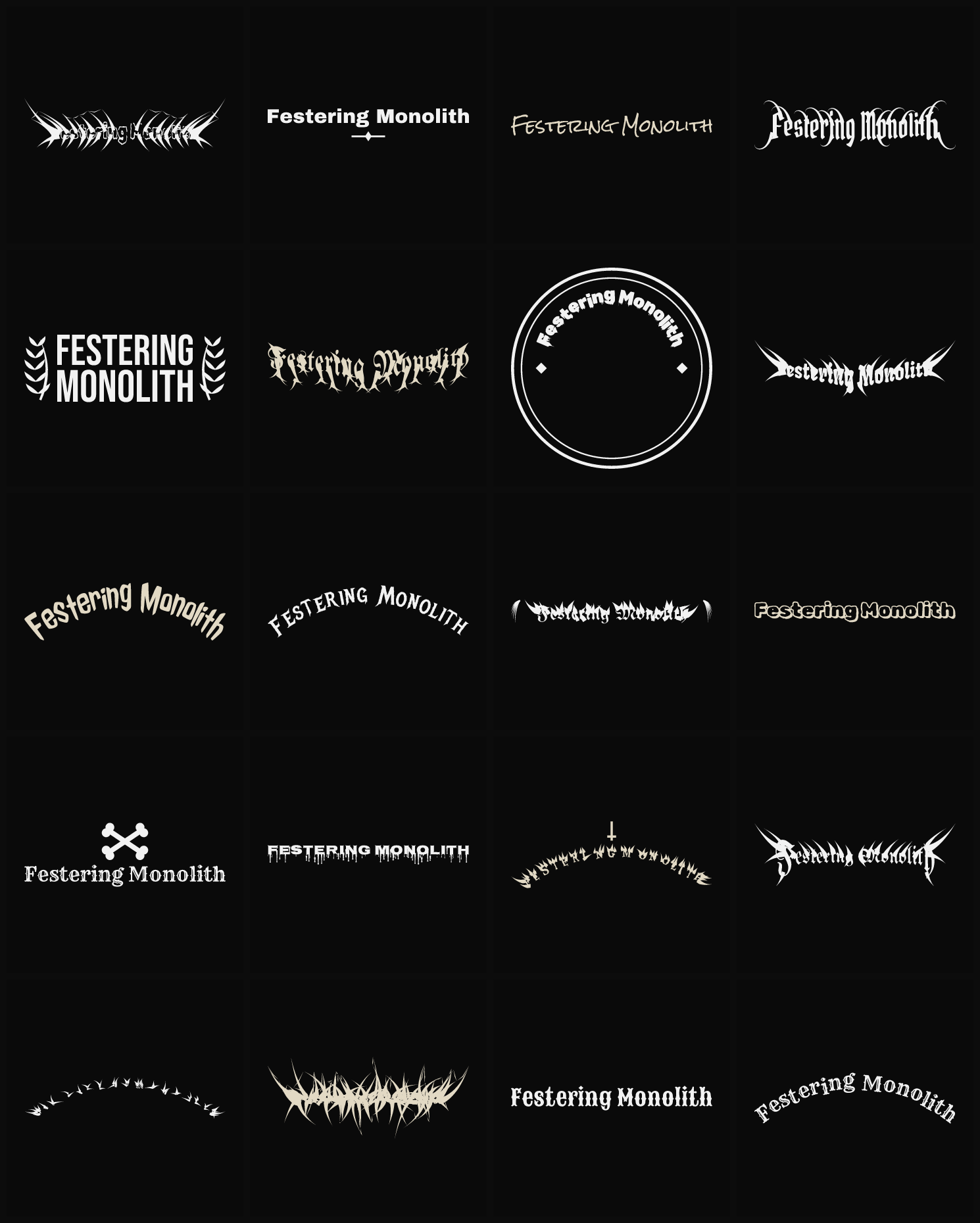 Twenty Festering Monolith band logo ideas — different faces, treatments and spike settings
