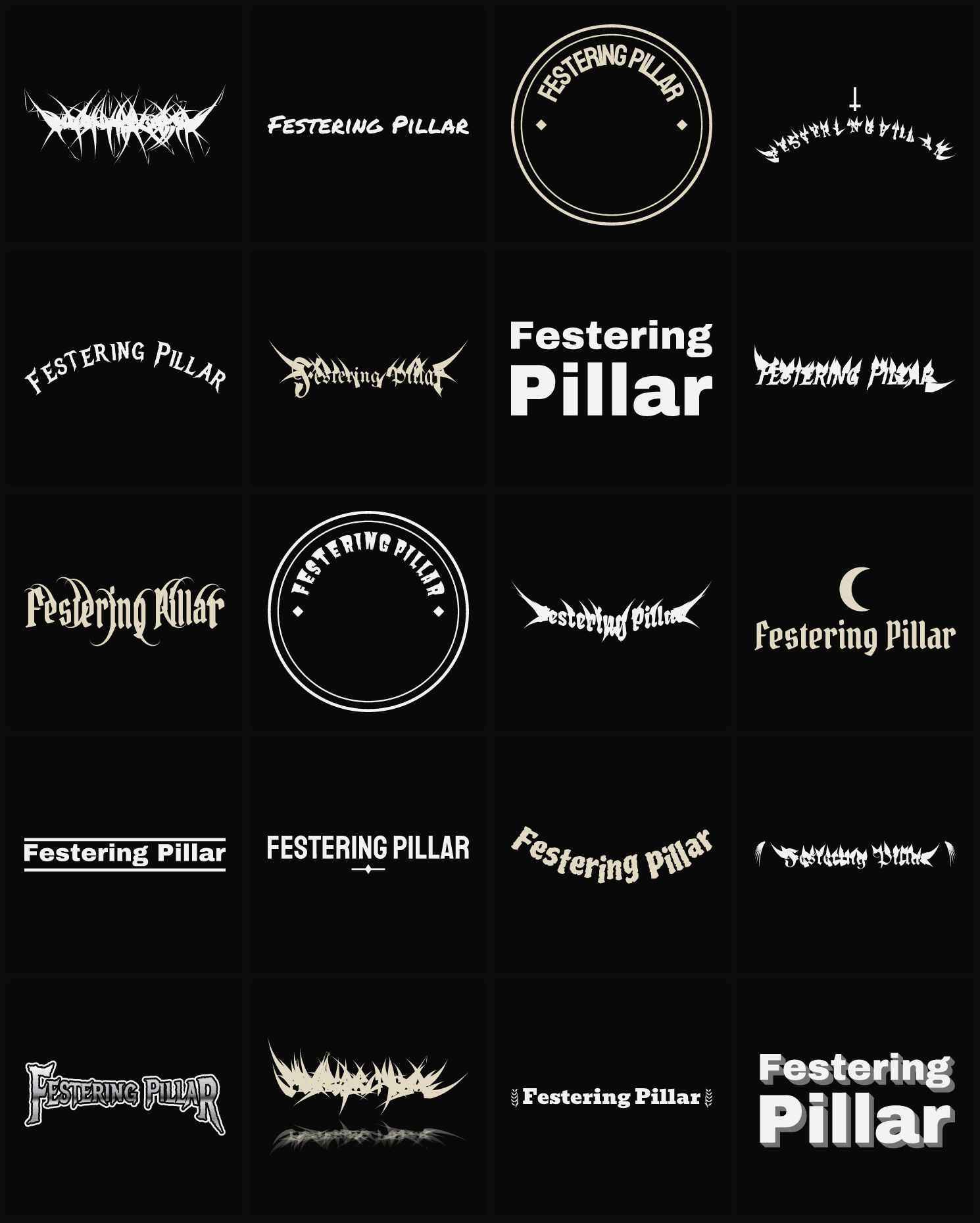 Twenty Festering Pillar band logo ideas — different faces, treatments and spike settings