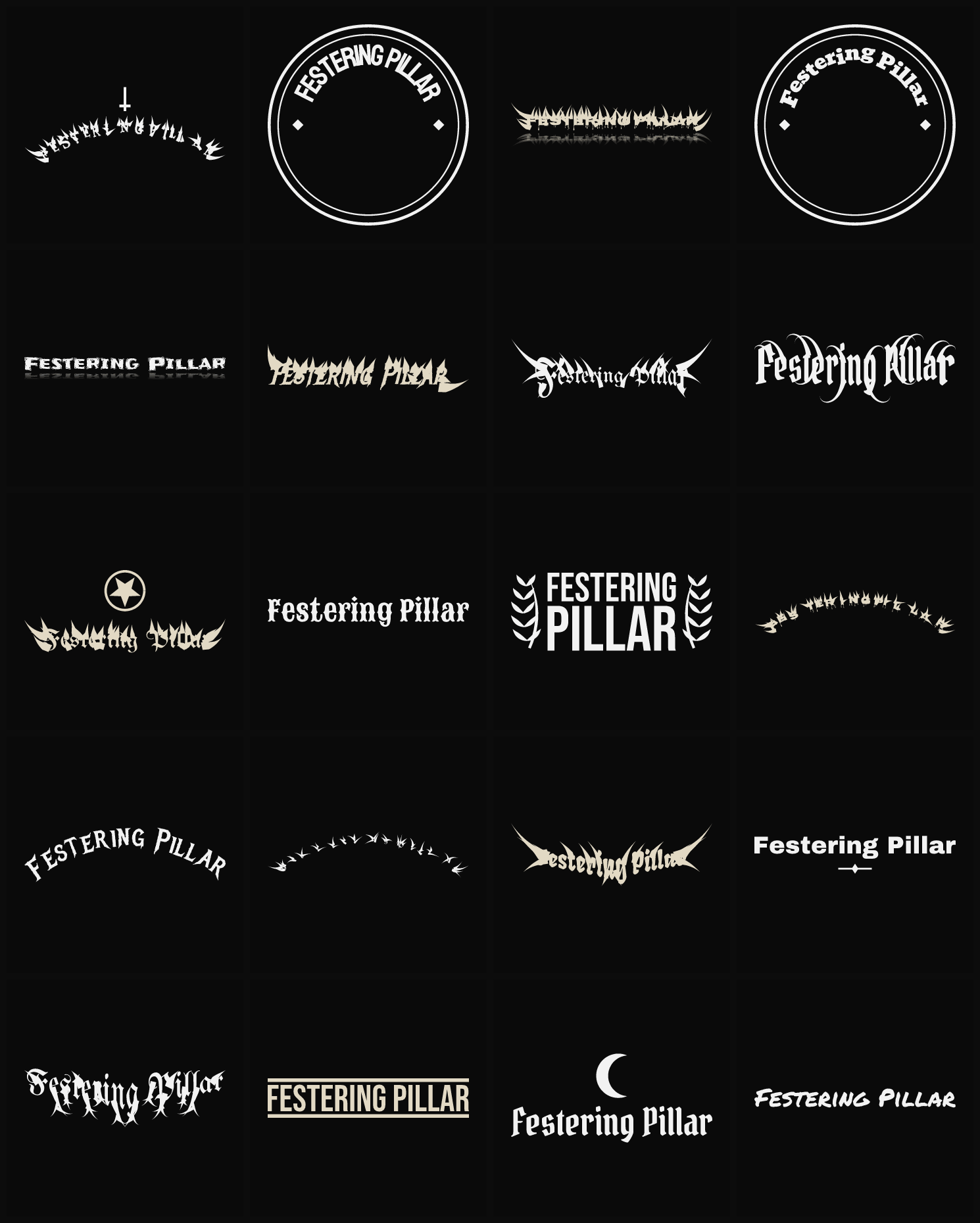 Twenty Festering Pillar band logo ideas — different faces, treatments and spike settings