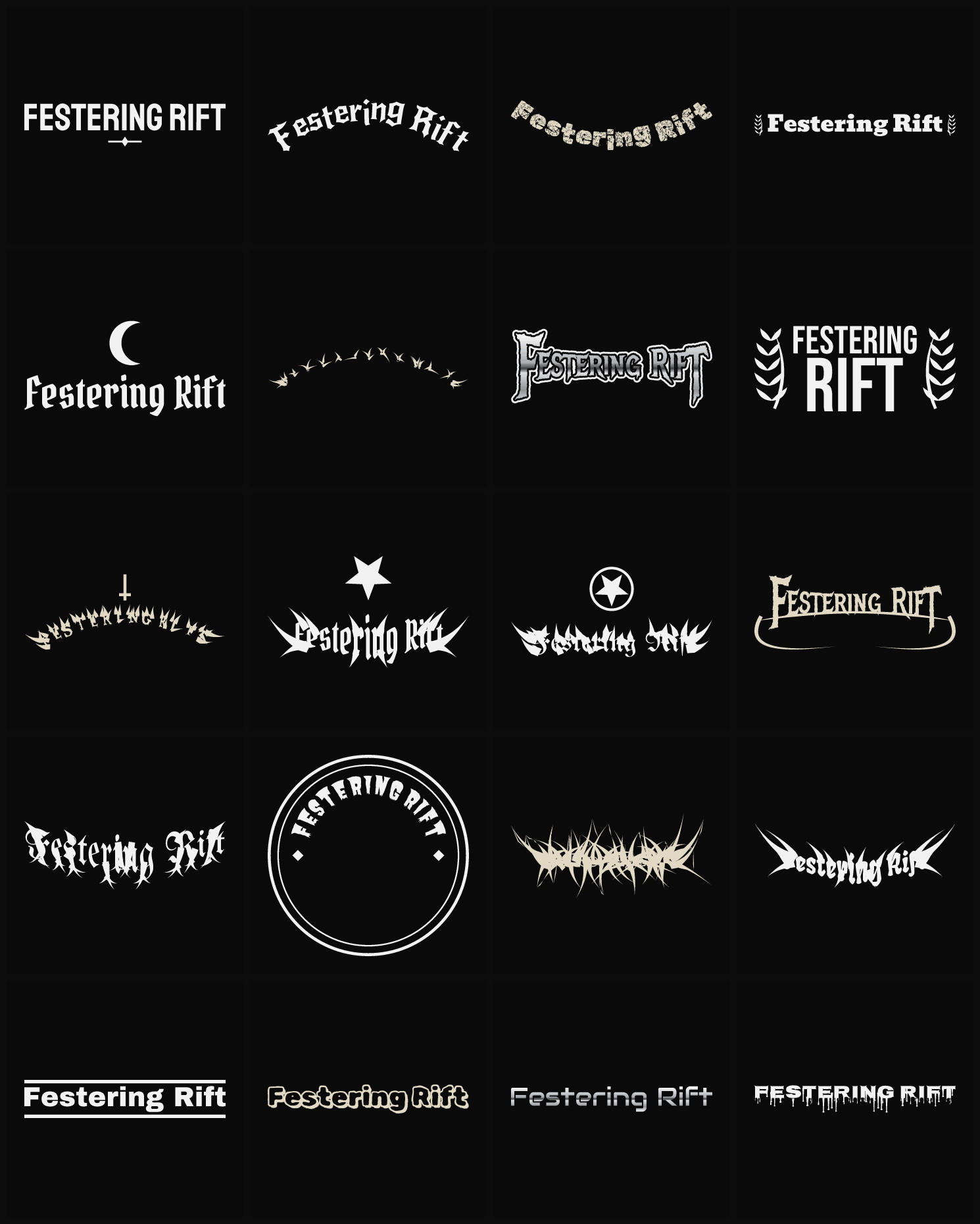 Twenty Festering Rift band logo ideas — different faces, treatments and spike settings